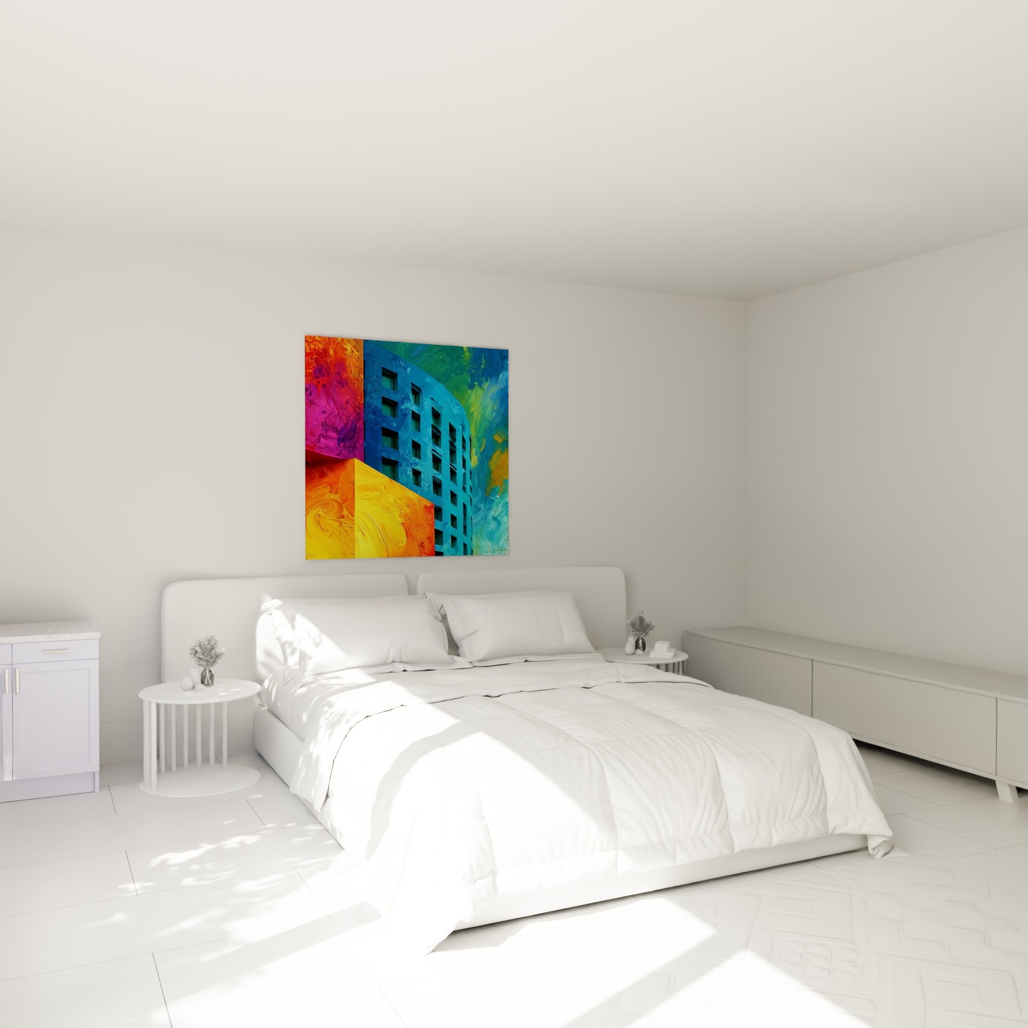 Façade bleu et blocs orange vibrants au-dessus d'un lit dans une chambre claire