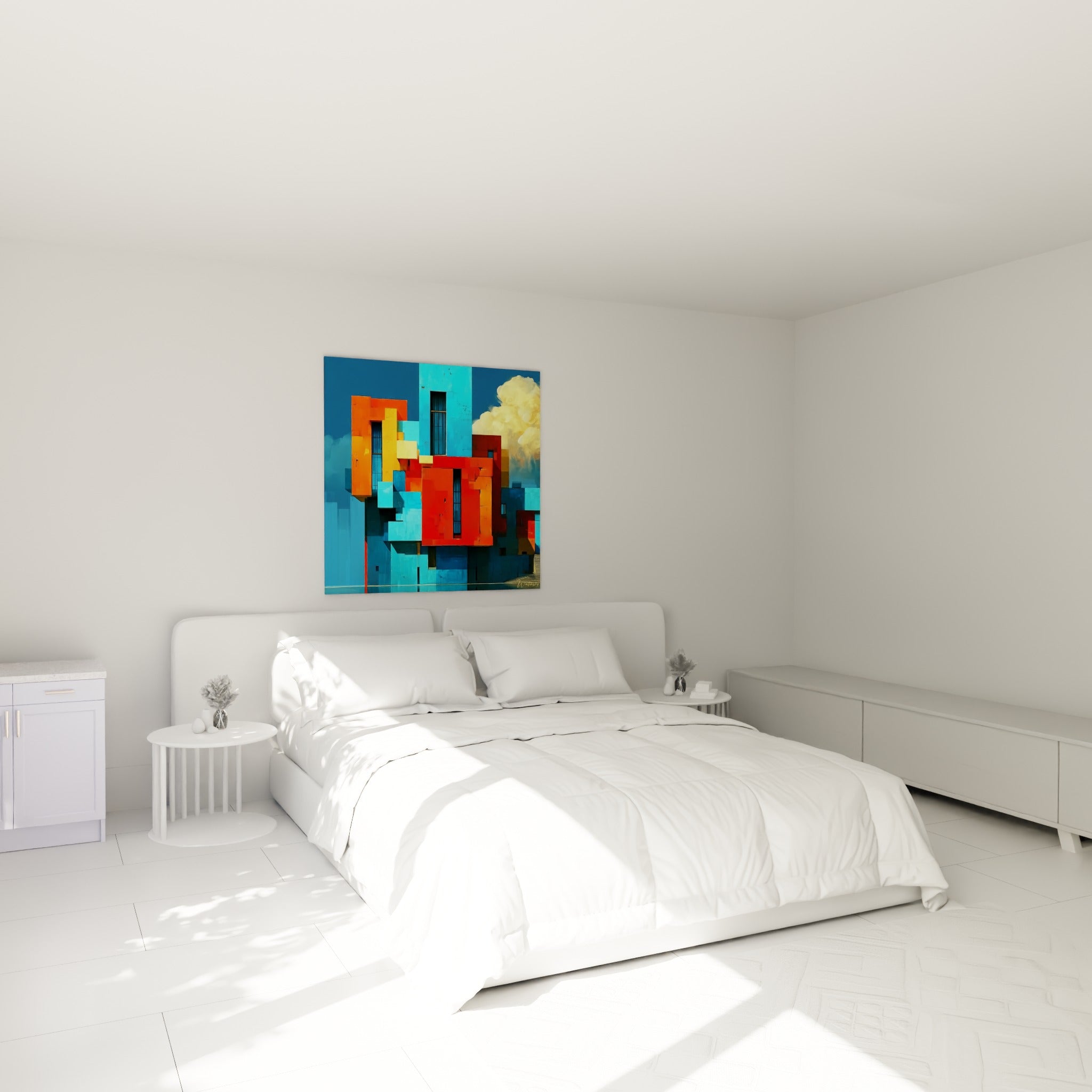 Blocs géométriques bleu turquoise et rouge de cette architecture abstraite, au-dessus d'un lit dans une chambre claire