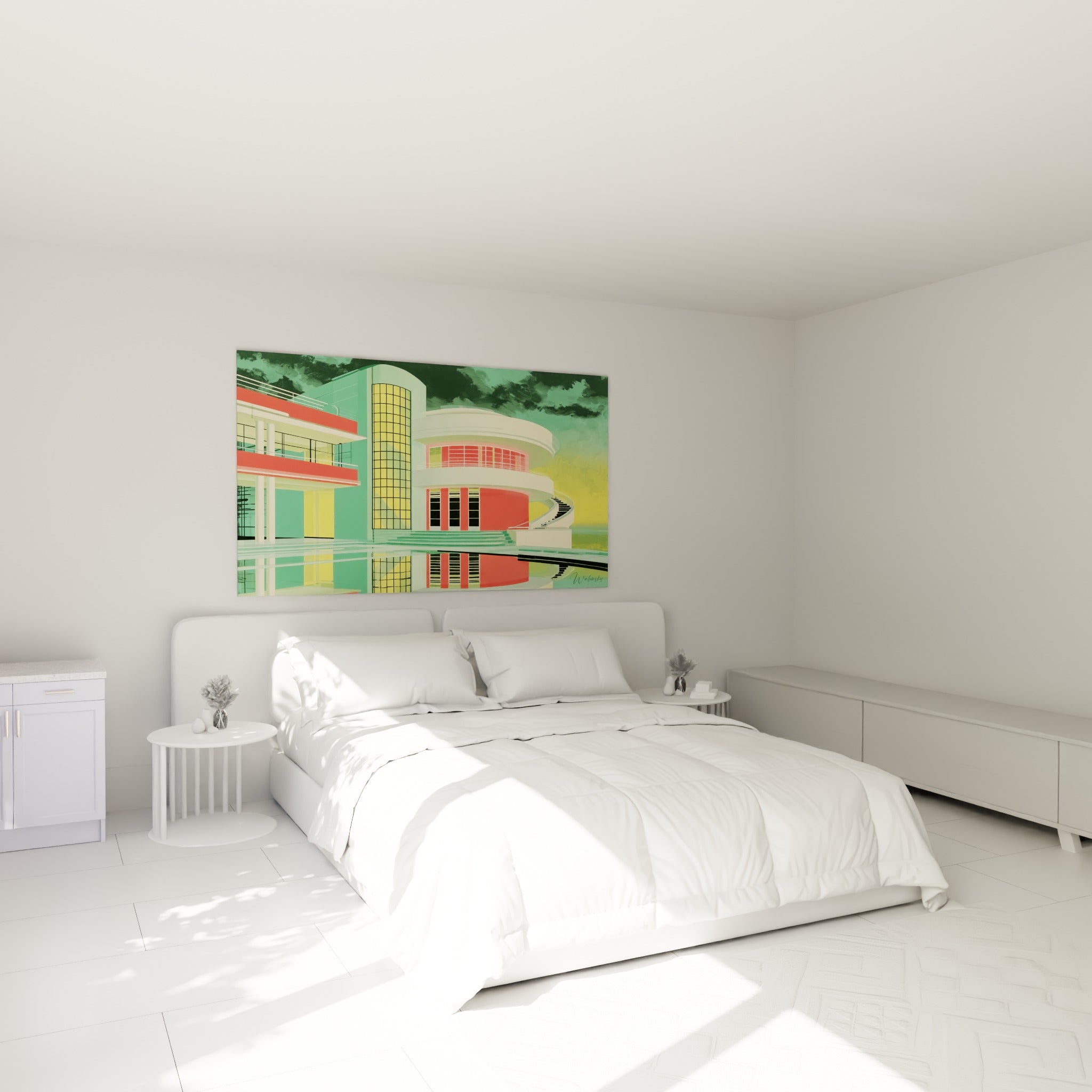 Façade corail et vert sauge d'une villa moderniste, accrochée au-dessus d'un lit dans une chambre claire