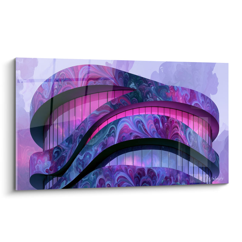 Tableau Immeuble sinueux violet et rose à motifs marbrés - Rubans architecturaux entrelacés - Edition Architecture abstrait