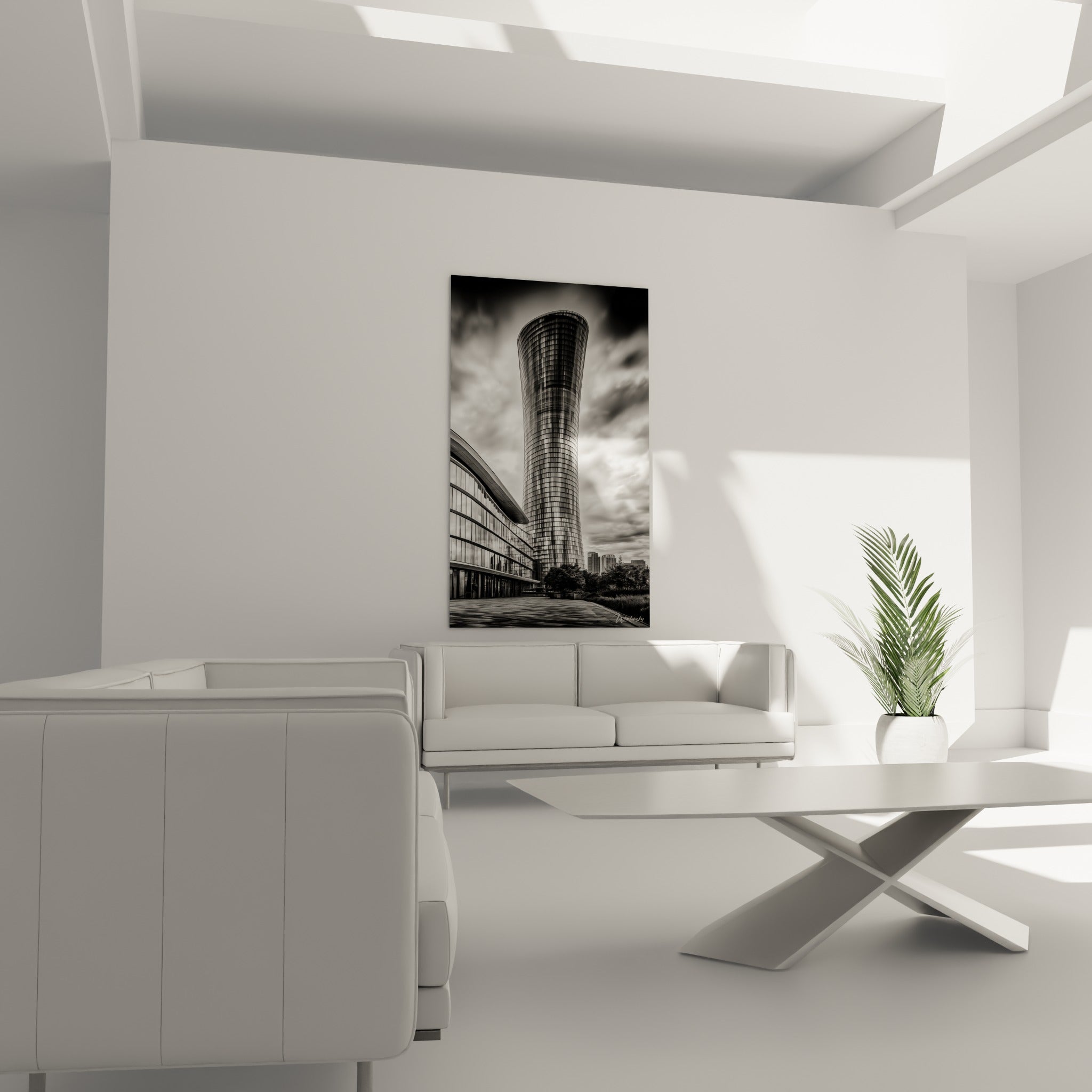 Gratte-ciel noir et blanc en spirale, tableau architecture abstrait au-dessus d'un canapé dans un salon lumineux
