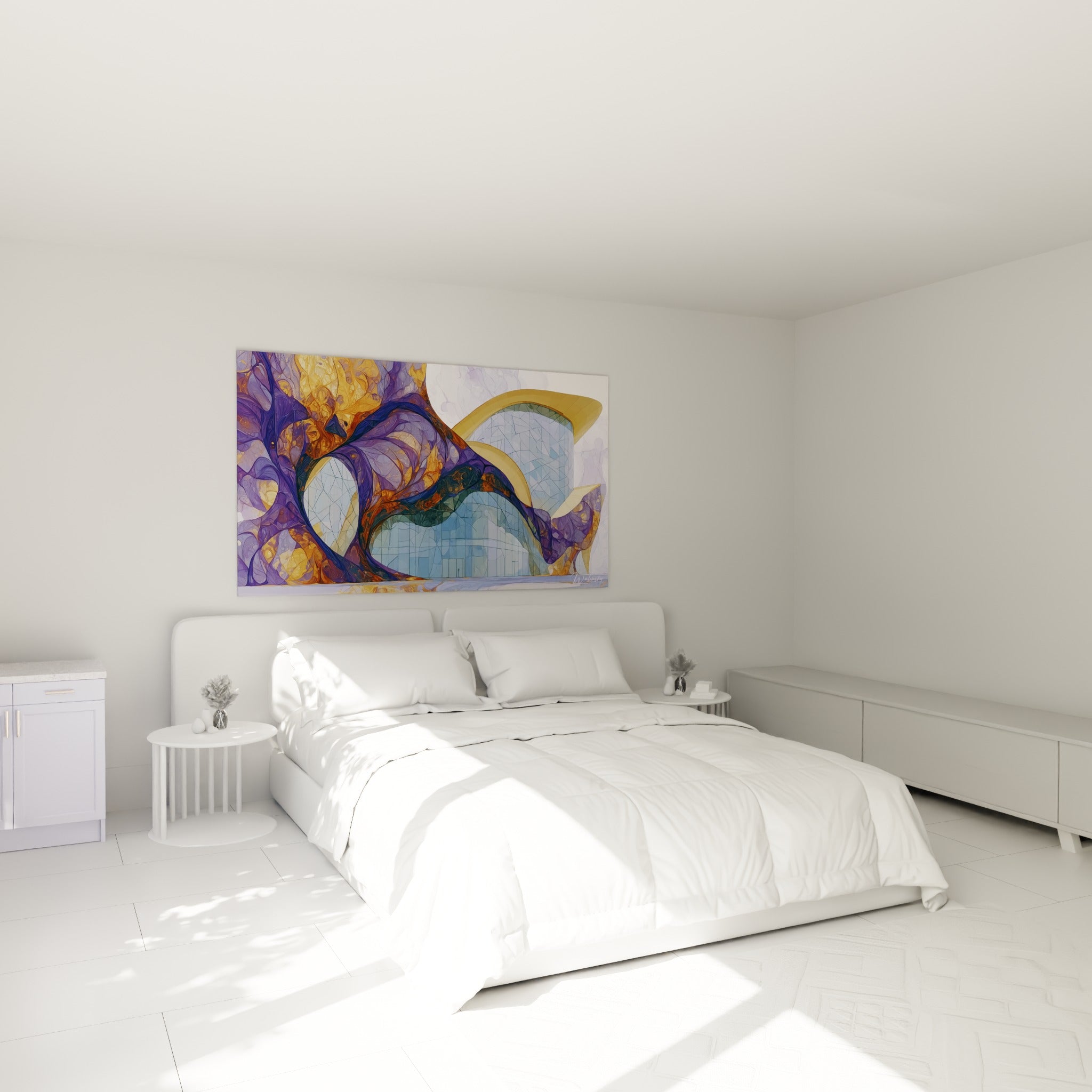 Façade fractale violette et dorée au-dessus d'un lit dans une chambre claire, contraste vitré bleuté