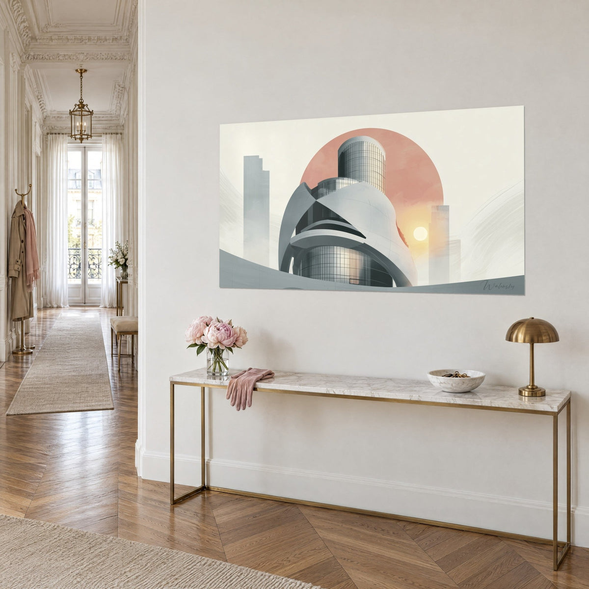 Tableau édifice aux courbes lisses, cylindre vitré gris et soleil jaune pâle sur disque corail, au-dessus d'une console dorée