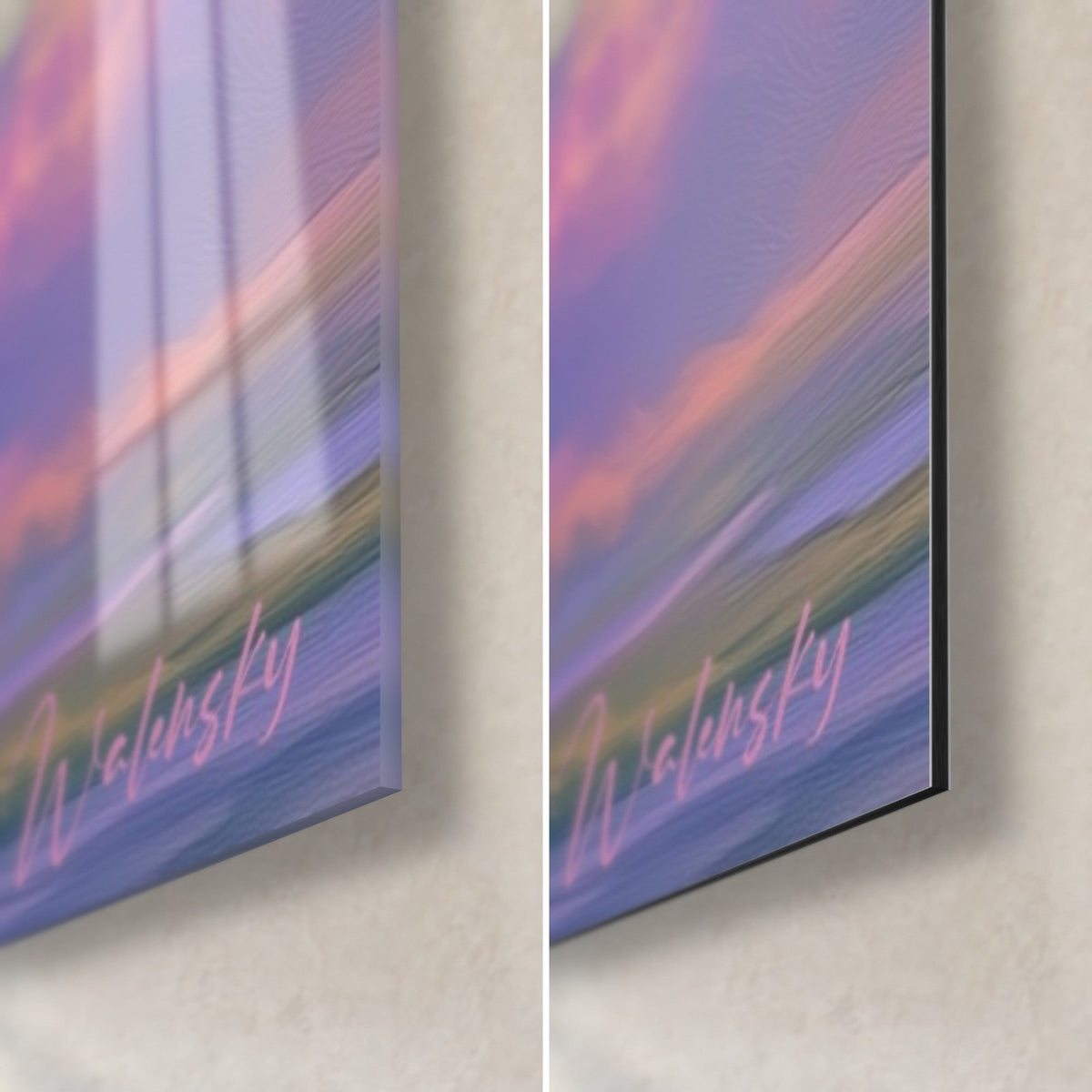 Tableau tour de verre bleu et ciel rose, coin bas droit : verre acrylique brillant à gauche, alu Dibond mat à droite, tranche de 3 mm