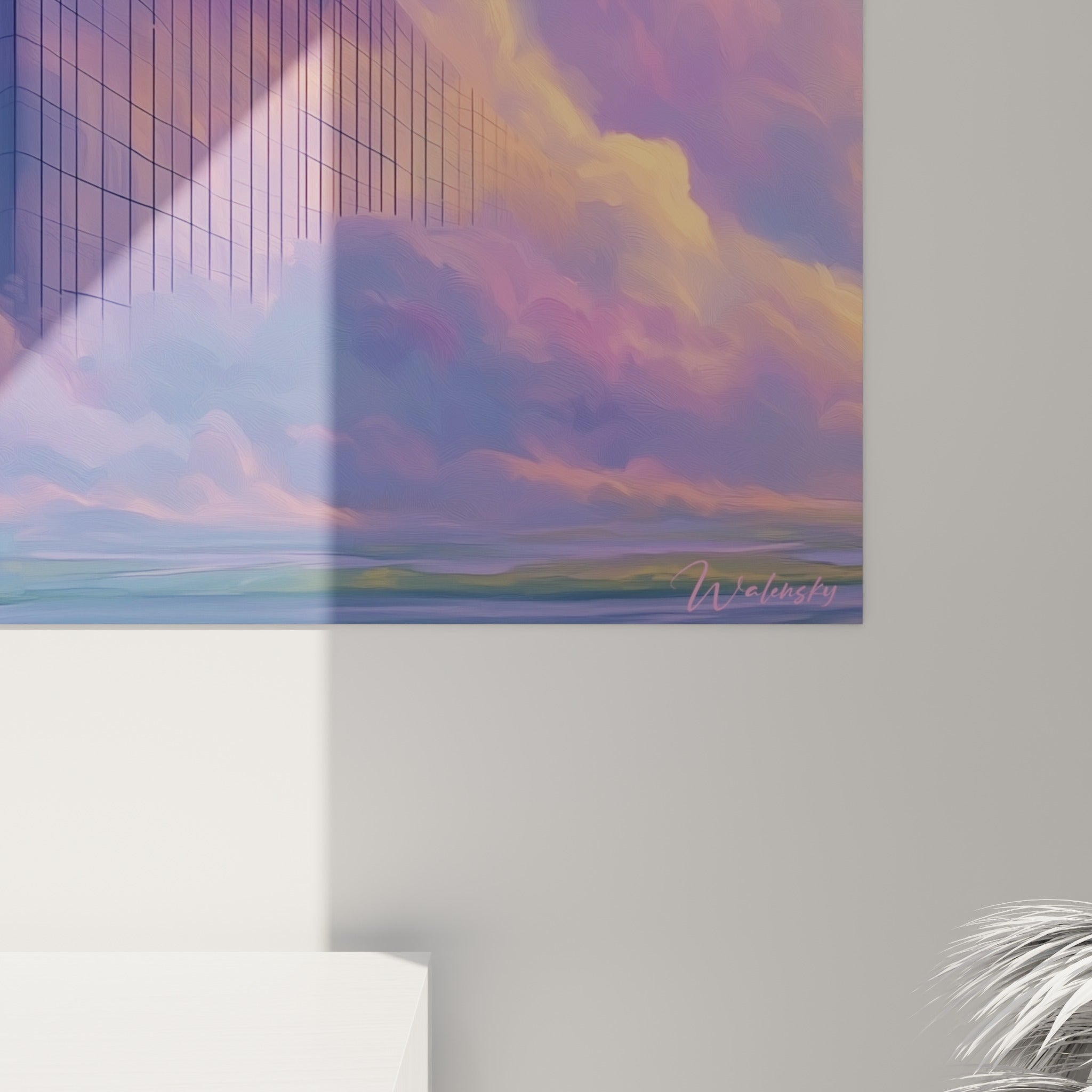 Détail de la façade vitrée où bleu marine et rose corail se mêlent aux empâtements du ciel peint