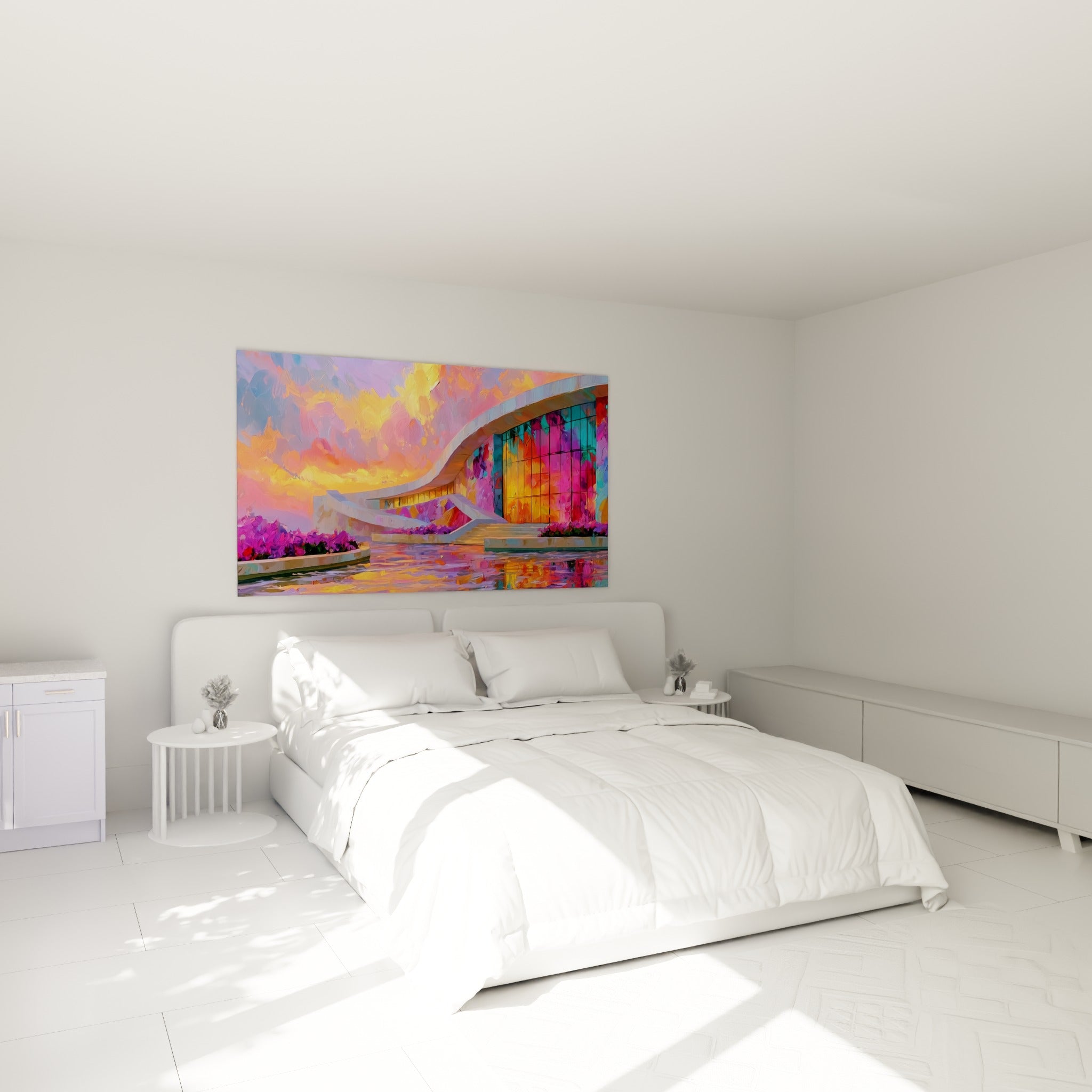Architecture courbe dorée et turquoise du tableau architecture abstrait au-dessus d'un lit dans une chambre claire