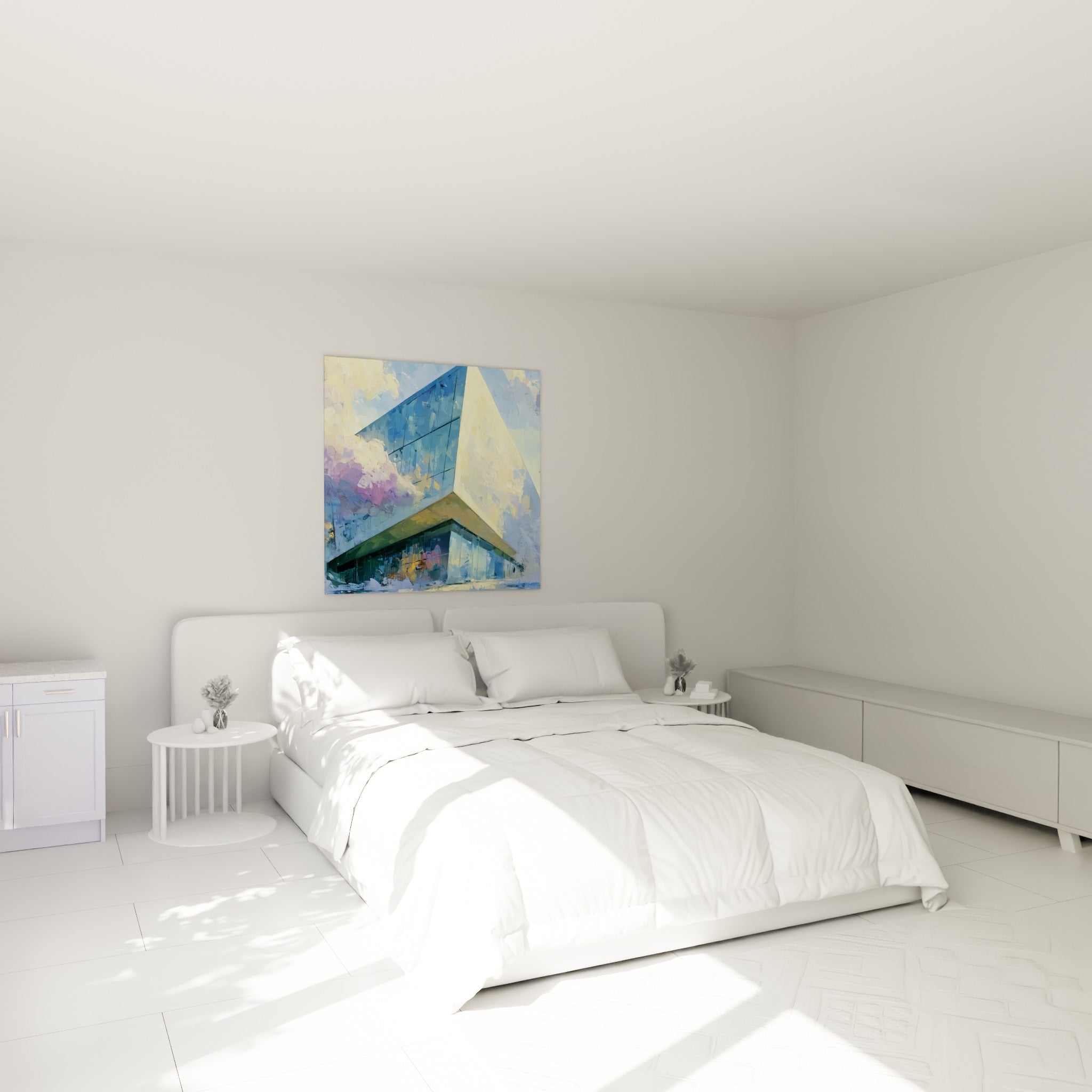 Structure vitrée bleu marine et façade jaune dorée, tableau accroché au-dessus d'un lit dans une chambre claire