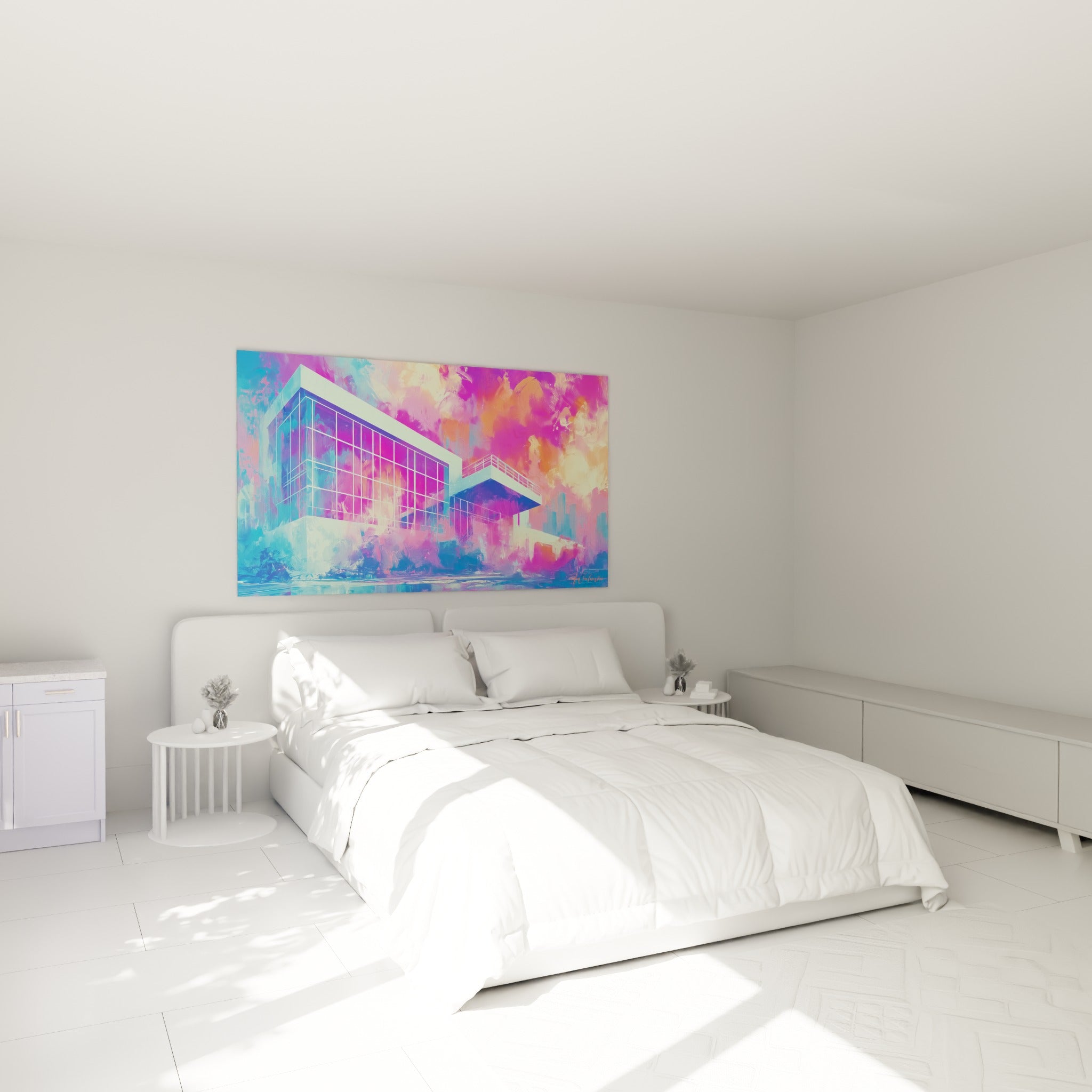 Architecture abstraite rose et turquoise accrochée au-dessus d'un lit dans une chambre claire