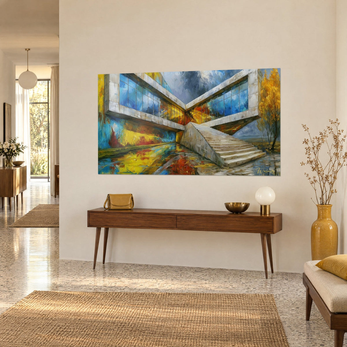 Wall art cubic architecture in palette knife painting, sky blue and ochre glass facades, grey steps, on a wooden sideboard