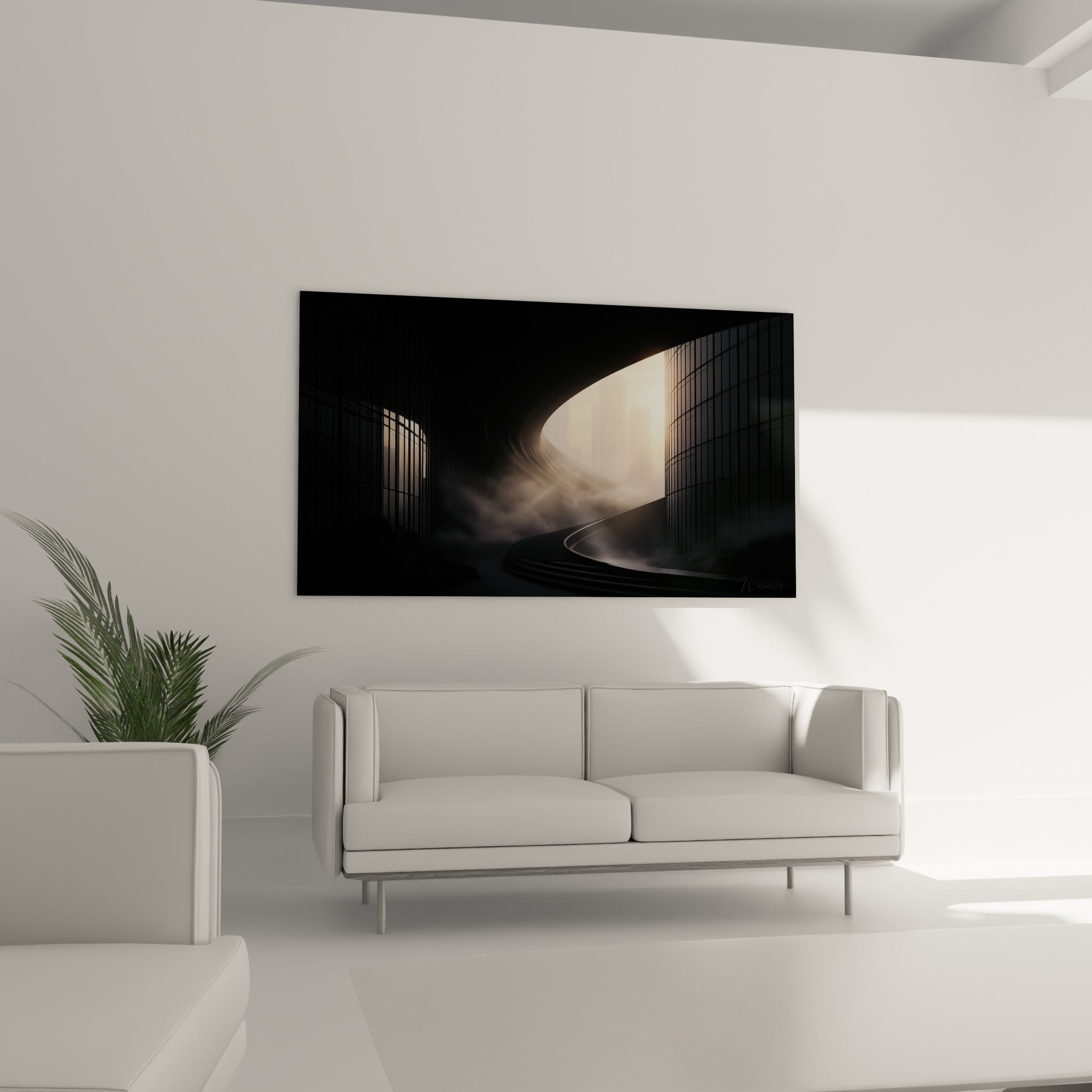 Couloir architectural noir et doré vers une ville lointaine, au-dessus d'un canapé dans un salon lumineux