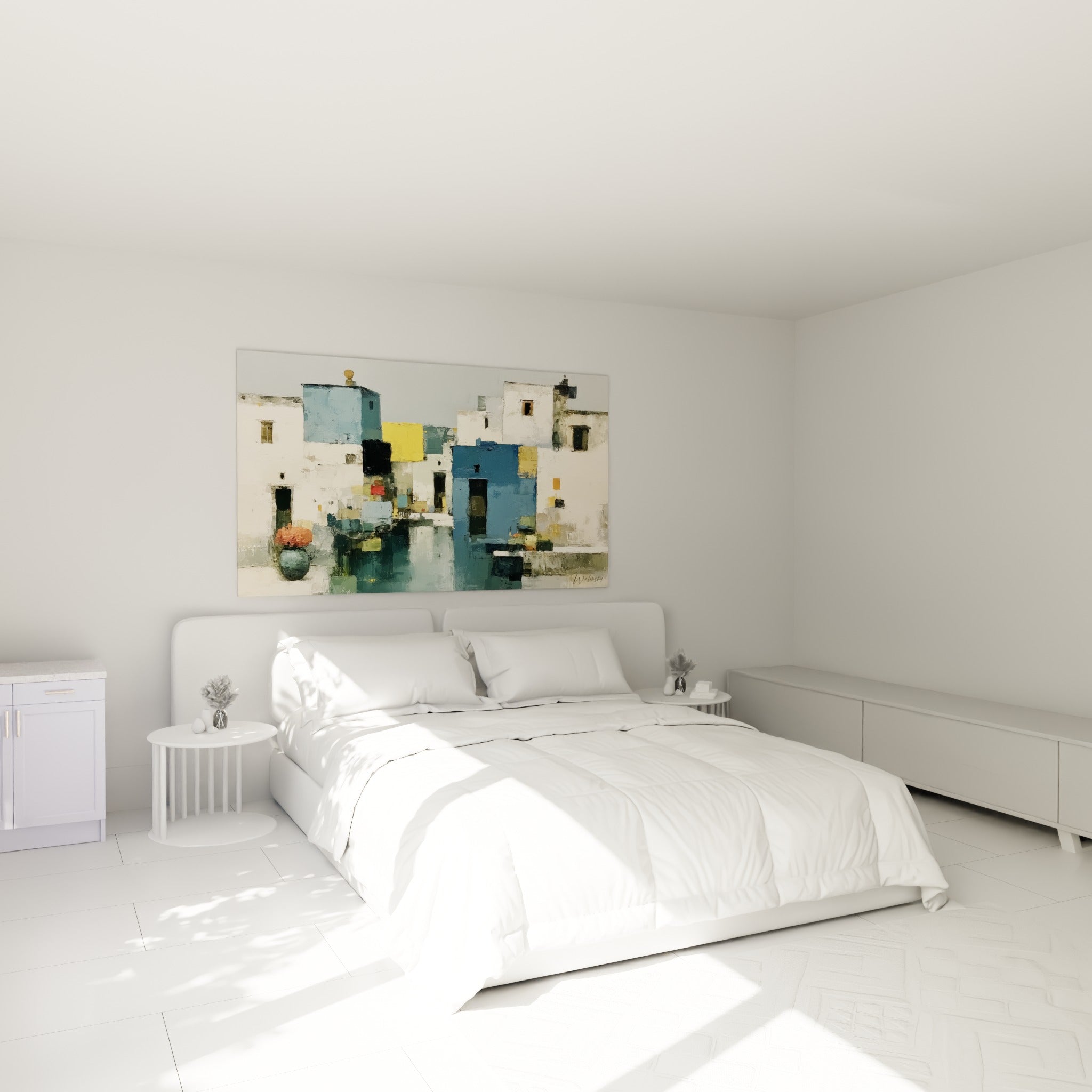Façades blanches et bleu marine d'un village méditerranéen, au-dessus d'un lit dans une chambre claire