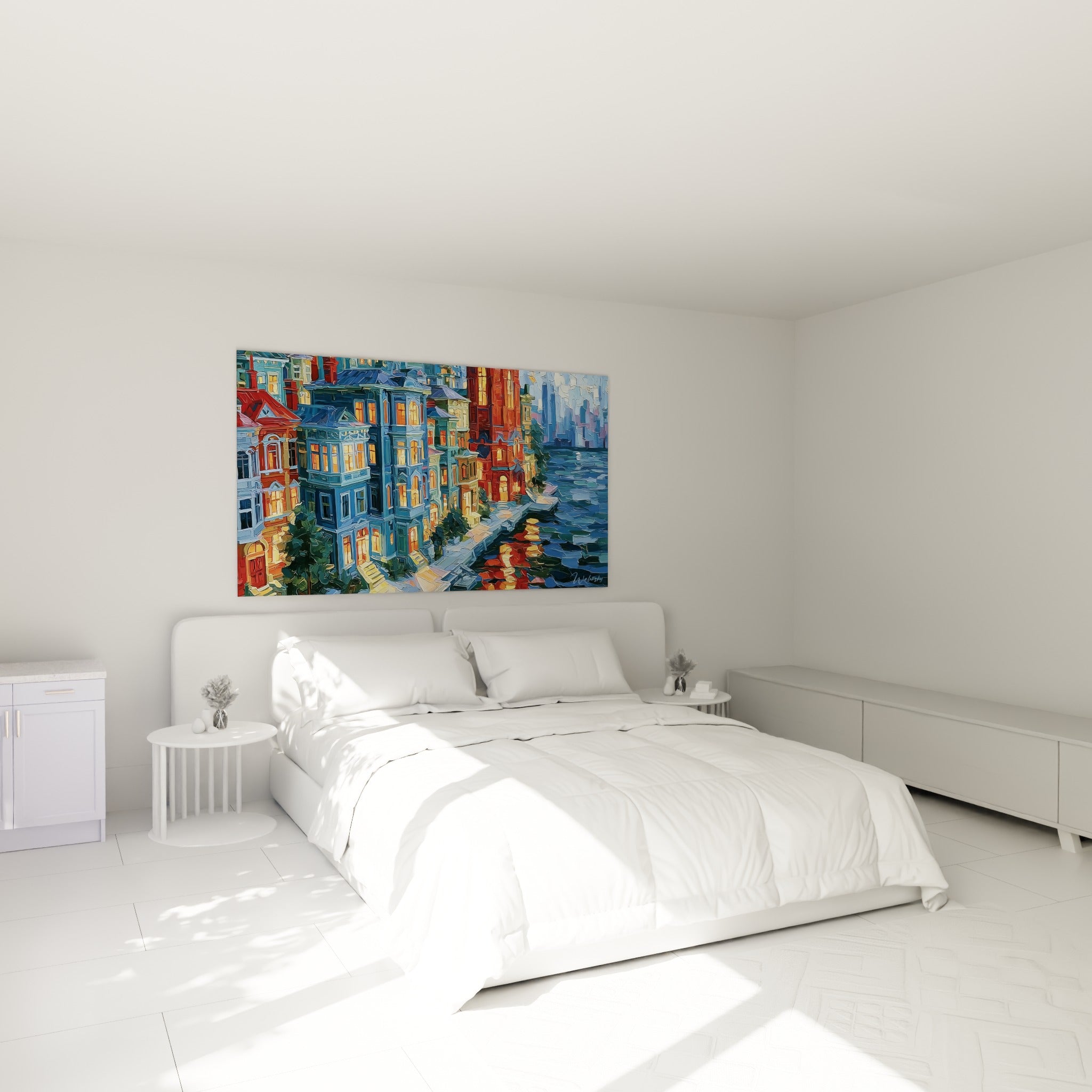 Maisons victoriennes bleu nuit et ocre au-dessus d'un lit dans une chambre claire, architecture abstrait