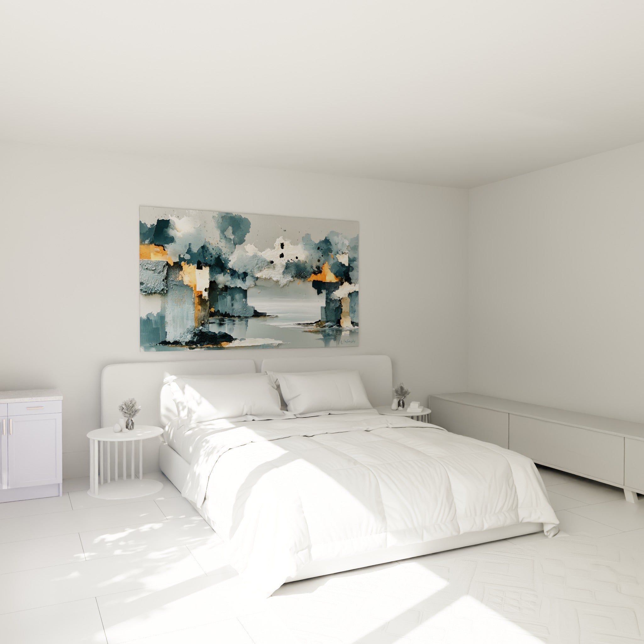 Façades brumeuses bleu ardoise et touches cuivrées au-dessus d'un lit dans une chambre claire