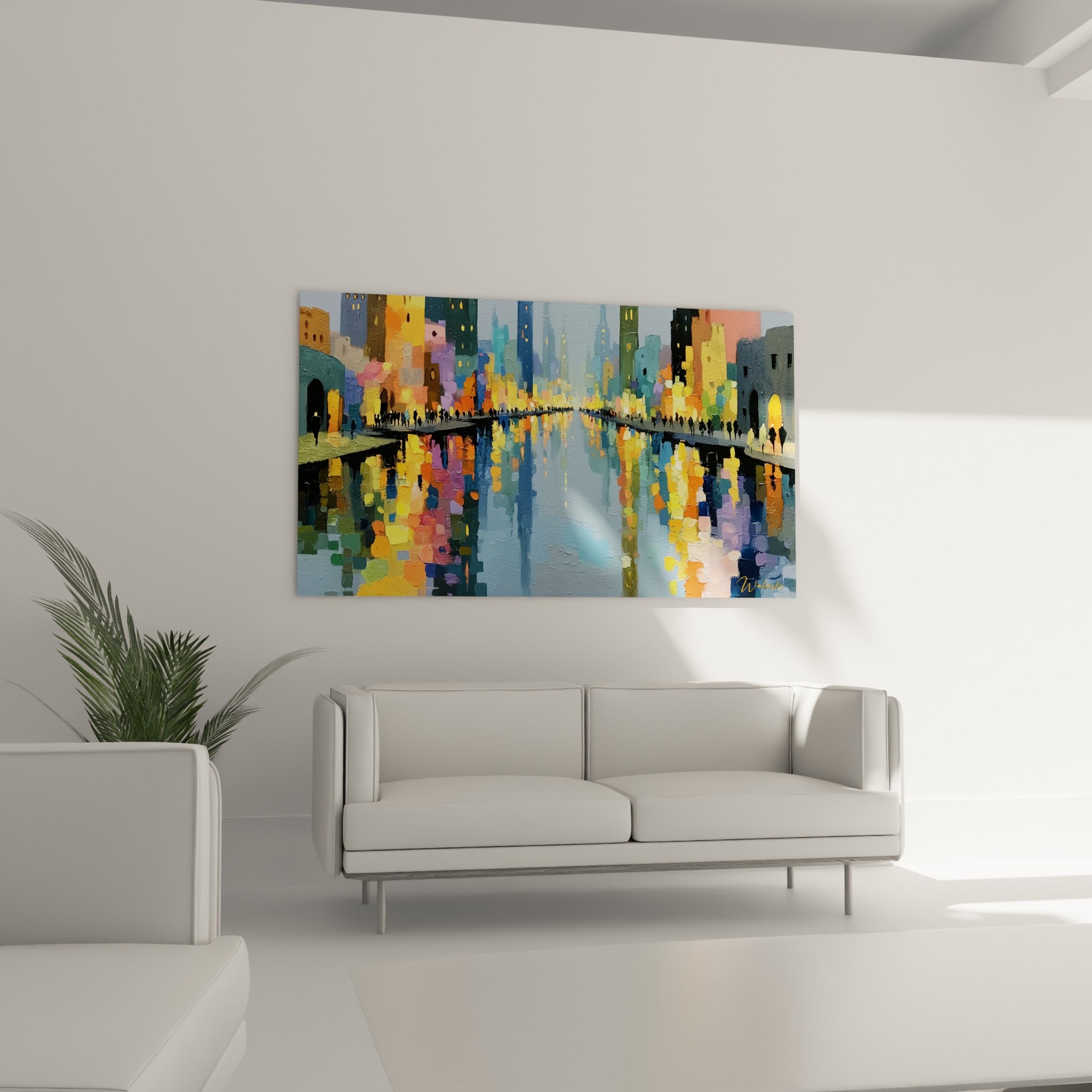 Façades illuminées jaune et violet se reflétant dans le canal, tableau architecture abstrait au-dessus d'un canapé dans un salon lumineux