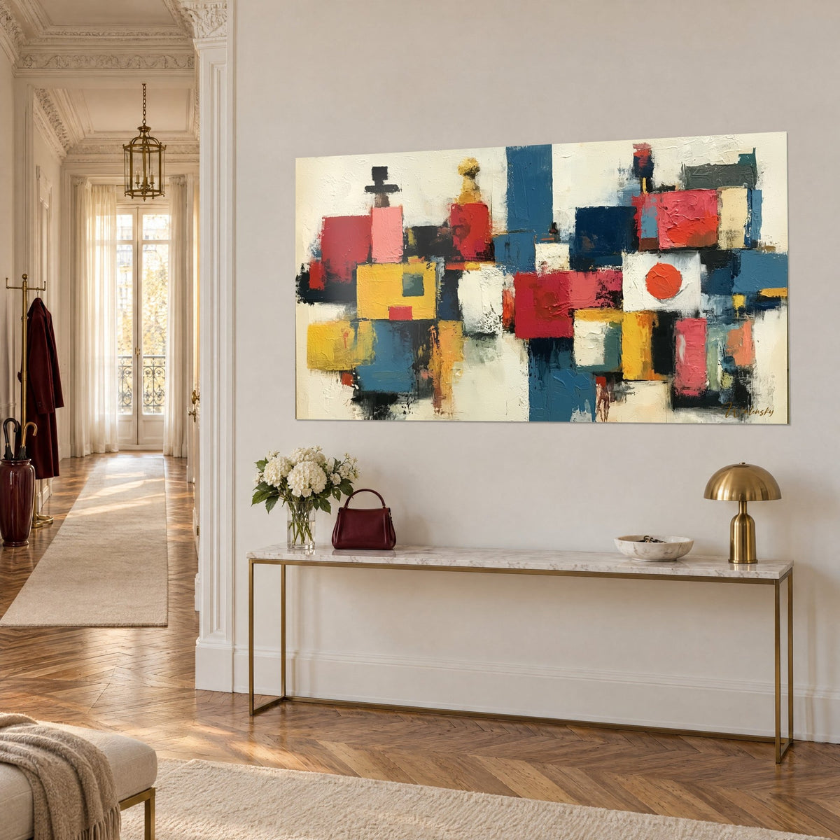 Tableau mosaïque urbaine en aplats bleu roi et rouge vif, soleil orange sur fond blanc, vue de trois-quarts, console dorée
