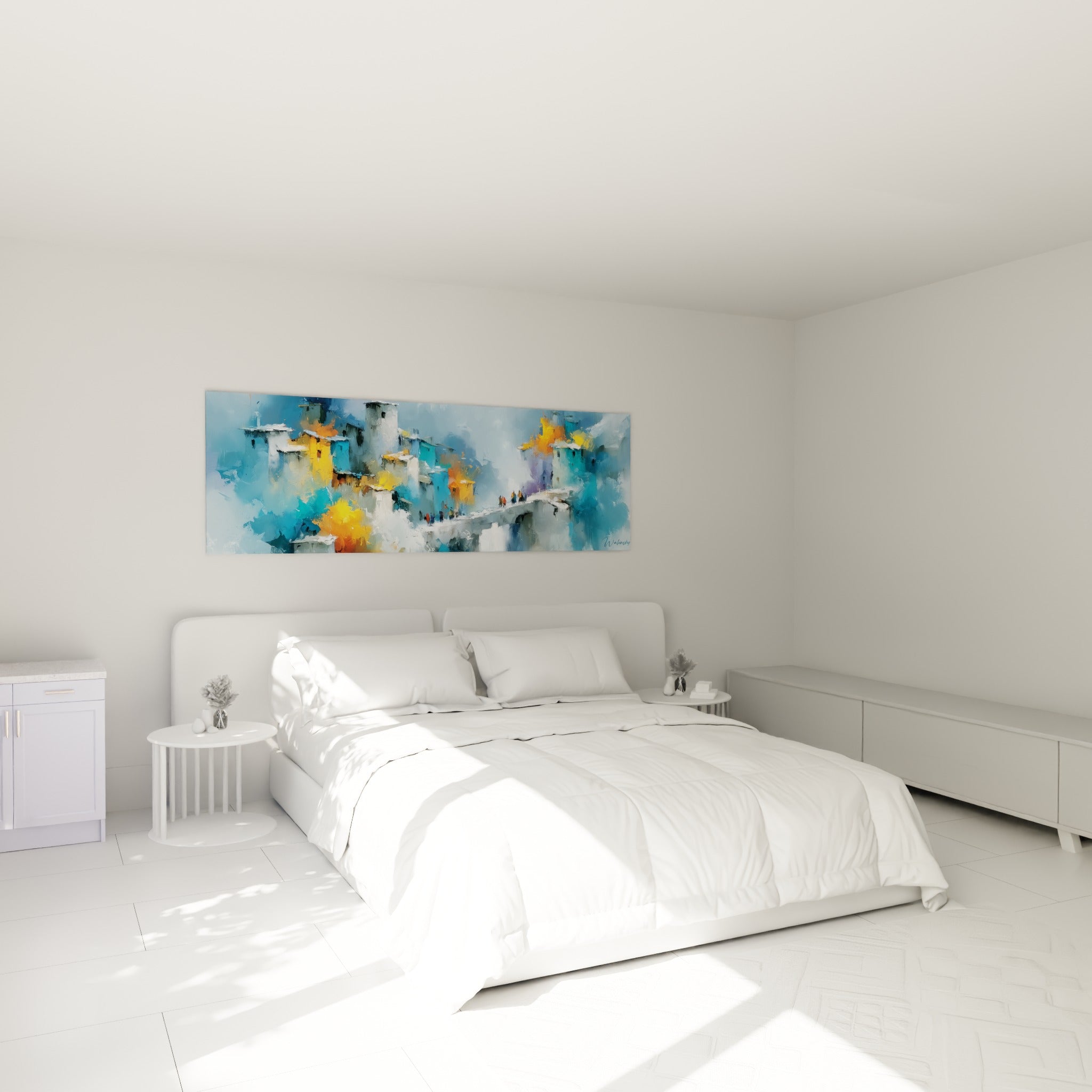 Constructions bleutées et façades dorées peintes en relief, accrochées au-dessus d'un lit dans une chambre claire