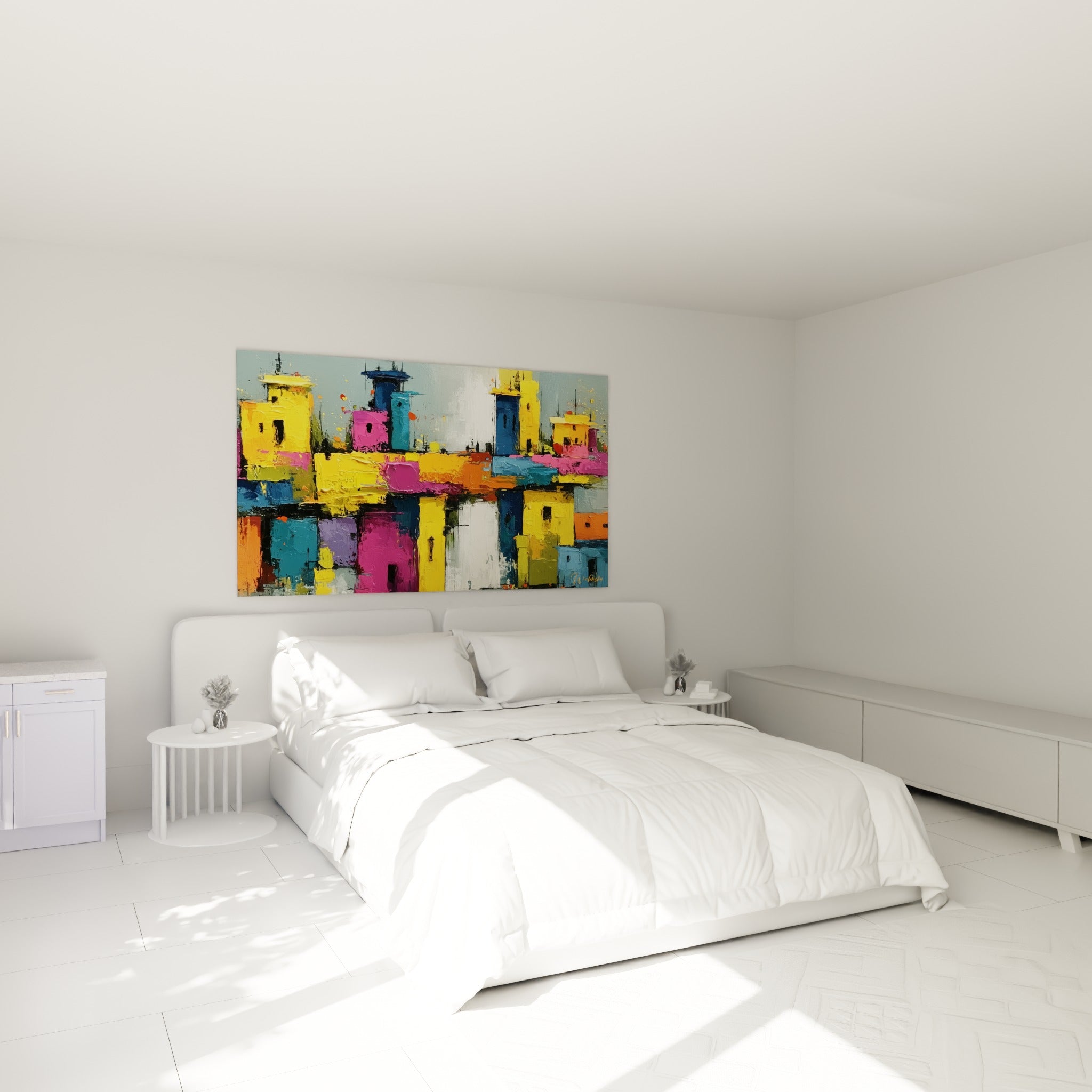 Cité colorée jaune, fuchsia et turquoise au-dessus d'un lit dans une chambre claire.