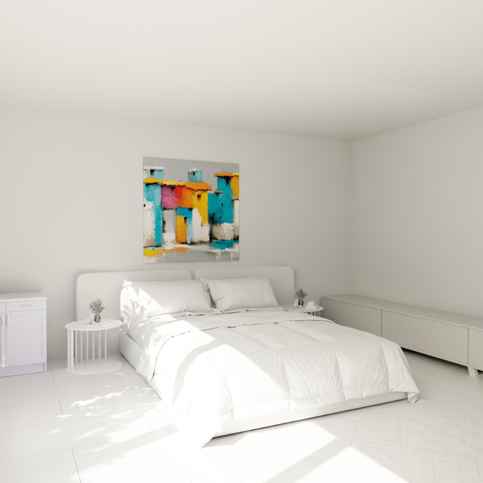 Ruelle colorée bleu et orange de cette œuvre abstraite, au-dessus d'un lit dans une chambre claire