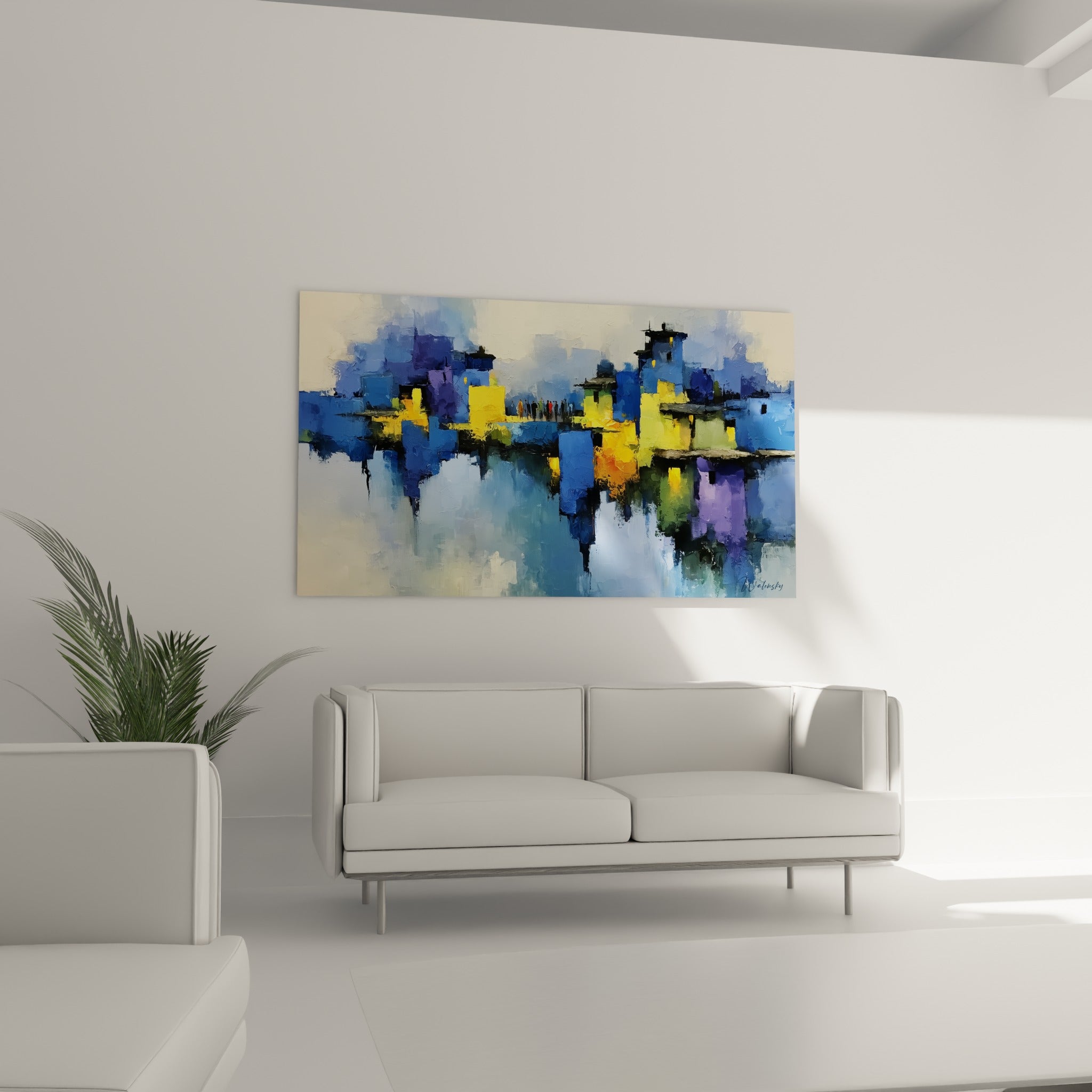 Bâtiments stylisés bleu pastel et jaune, tableau architecture abstrait au-dessus d'un canapé dans un salon lumineux