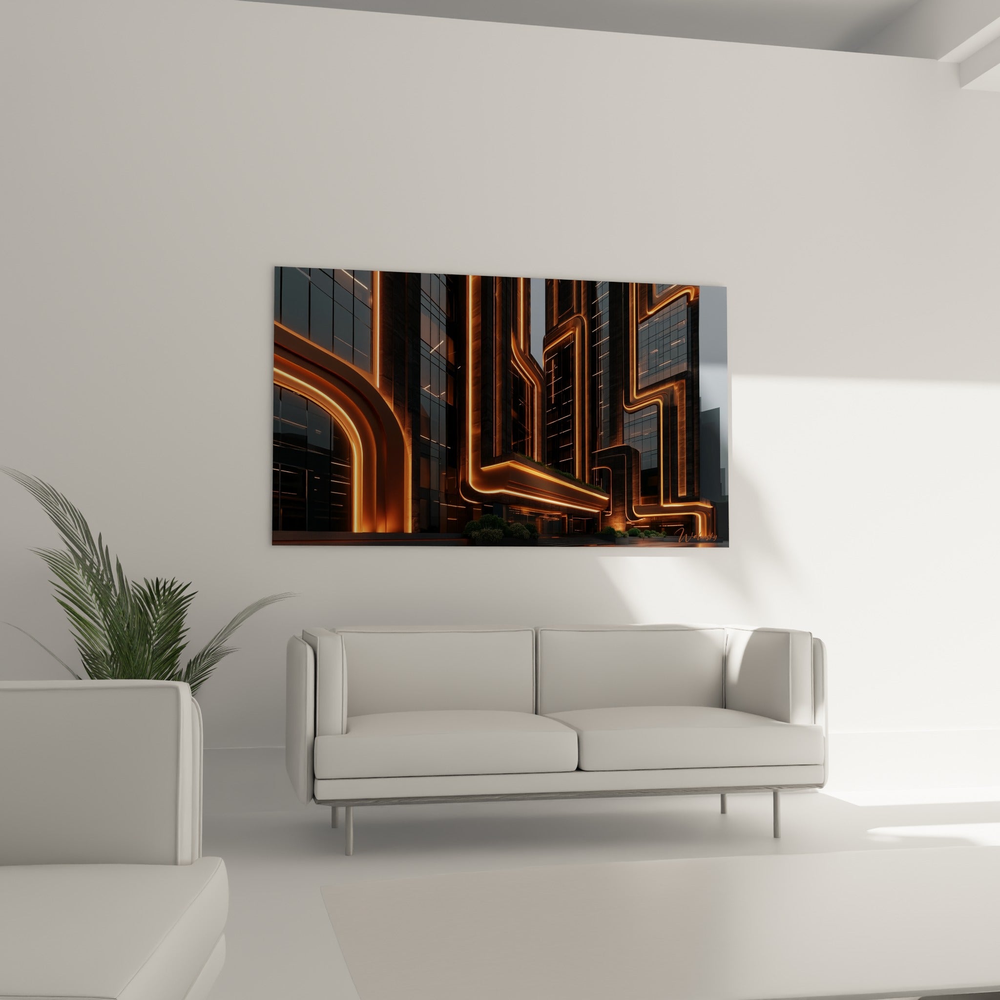 Façades sombres striées de néons orangés, cette architecture abstrait trône au-dessus d'un canapé dans un salon lumineux