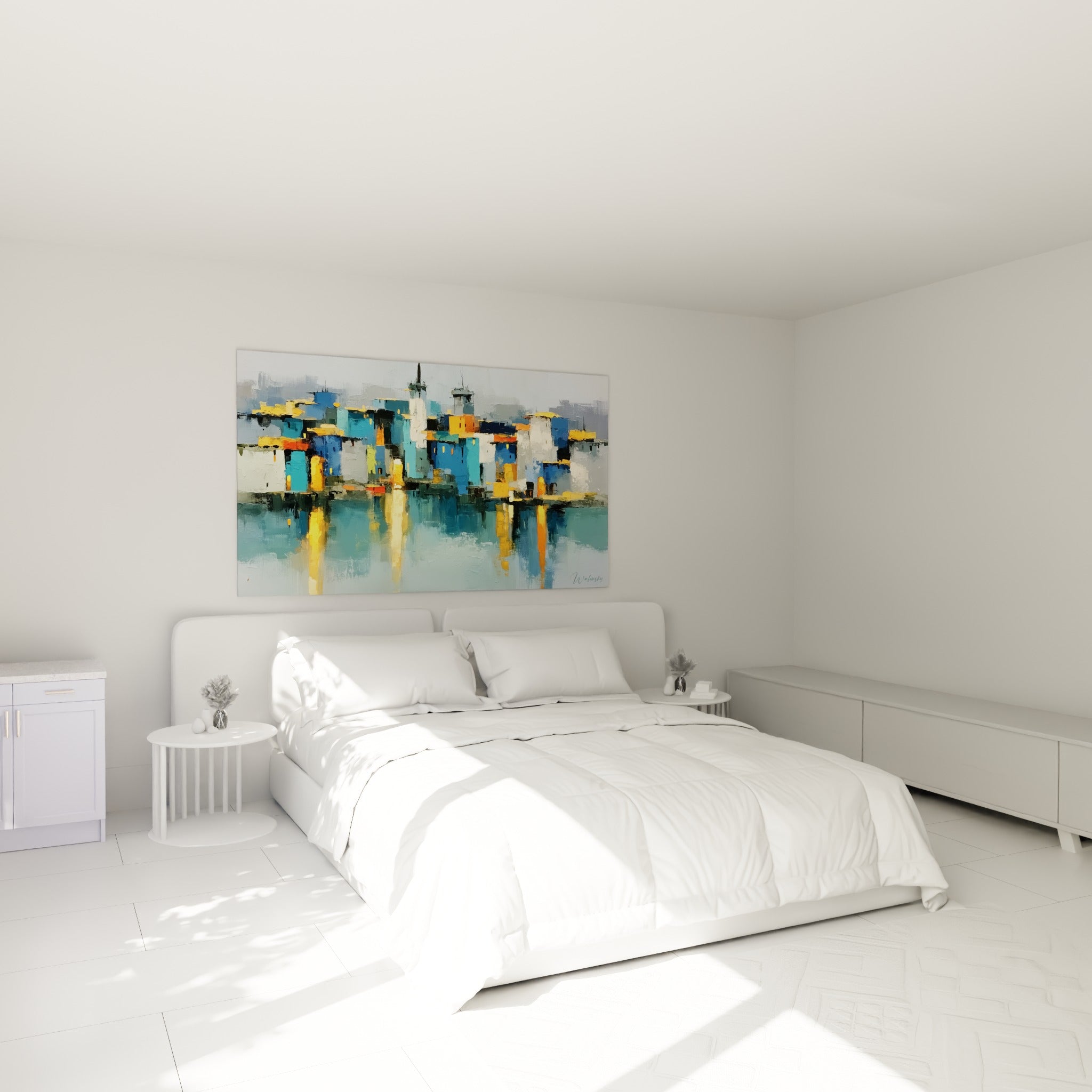 Façades bleu marine et touches dorées de ce tableau architecture abstrait au-dessus d'un lit dans une chambre claire