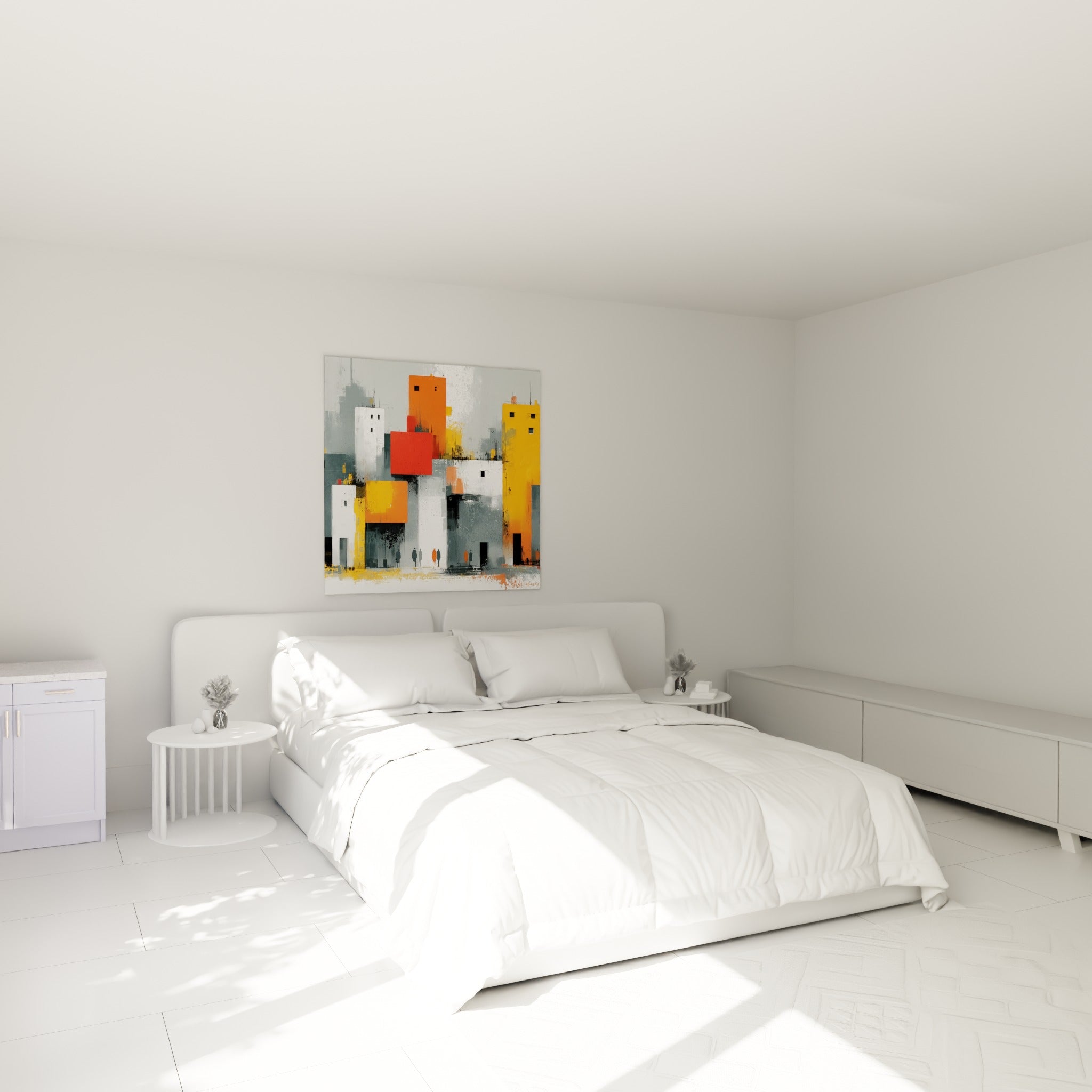 Façades urbaines orange et grises, silhouettes en marche, accrochées au-dessus d'un lit dans une chambre claire