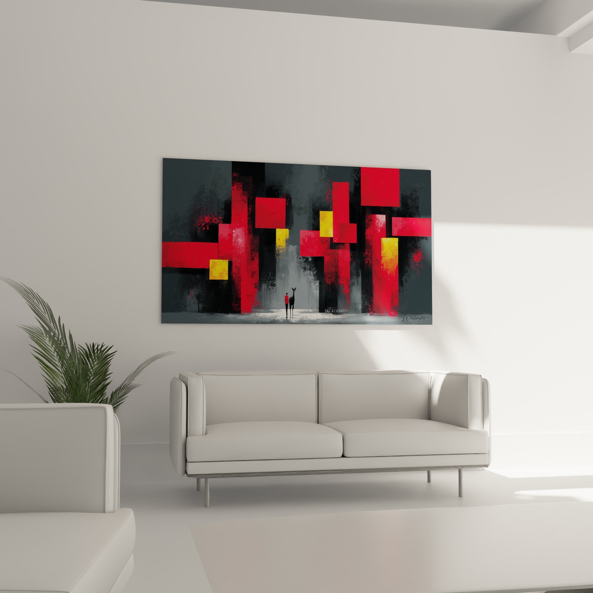Figure et cerf face à des masses rouges et jaunes, tableau architecture abstrait au-dessus d'un canapé dans un salon lumineux