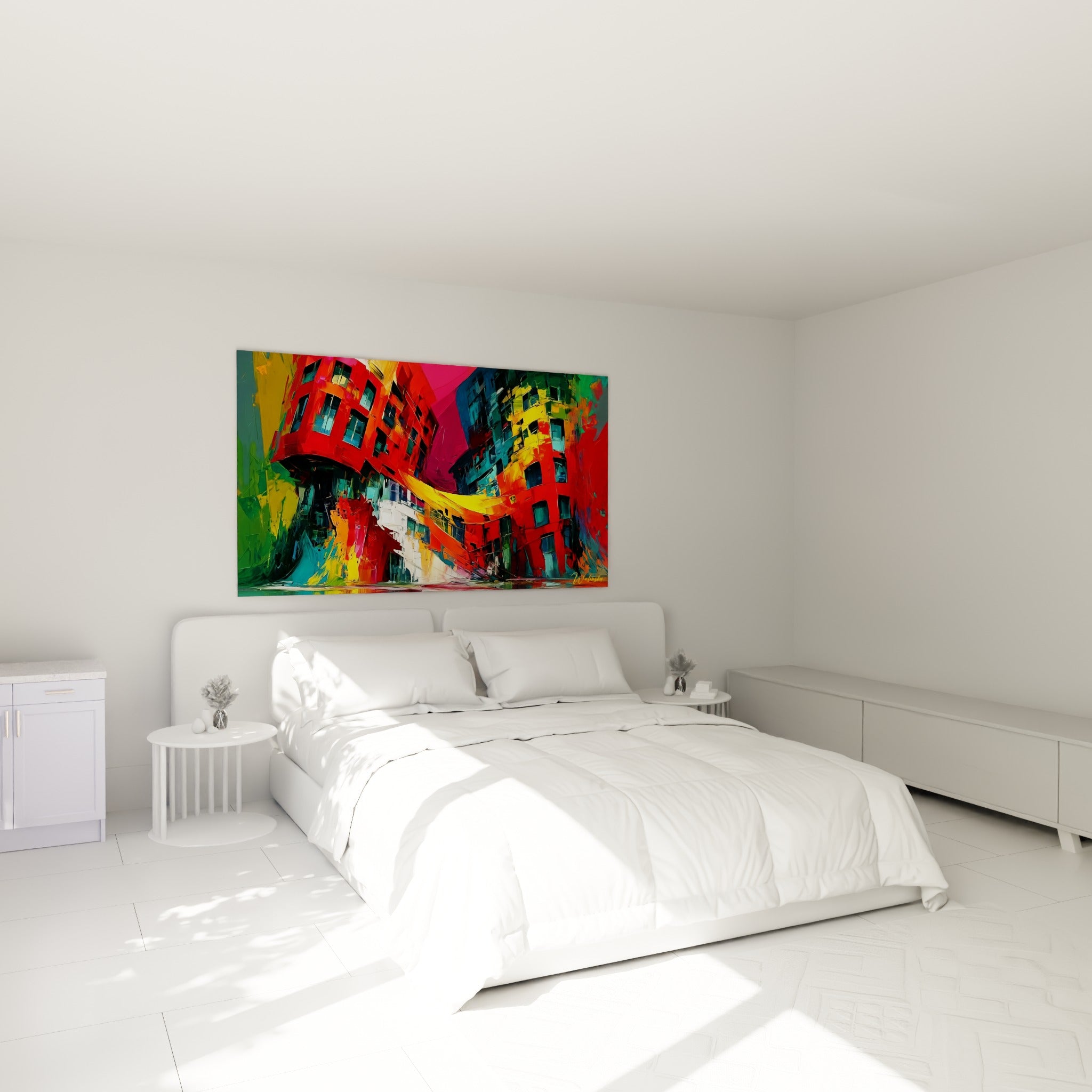 Façades rouges déformées et touches vertes, tableau architecture abstrait au-dessus d'un lit dans une chambre claire
