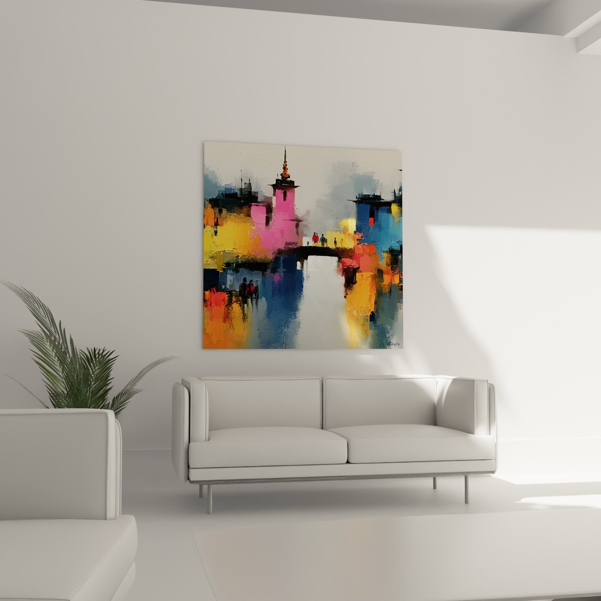Reflets orangés et bleu turquoise d'une cité peinte, au-dessus d'un canapé dans un salon lumineux