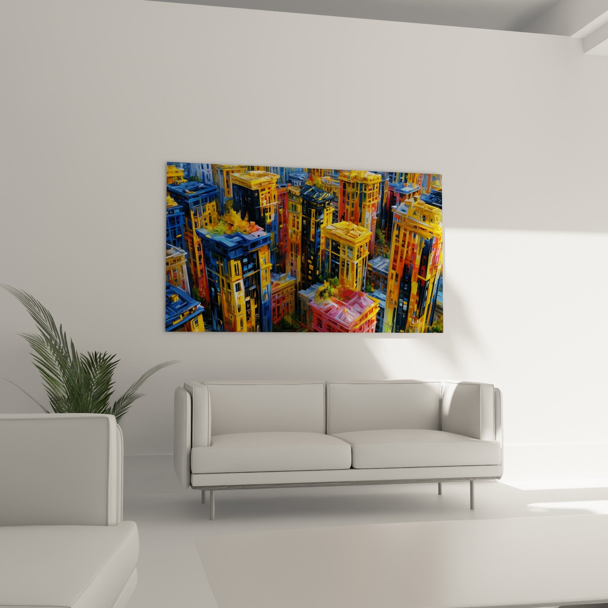 Façades urbaines ocre et bleu nuit disposées au-dessus d'un canapé dans un salon lumineux