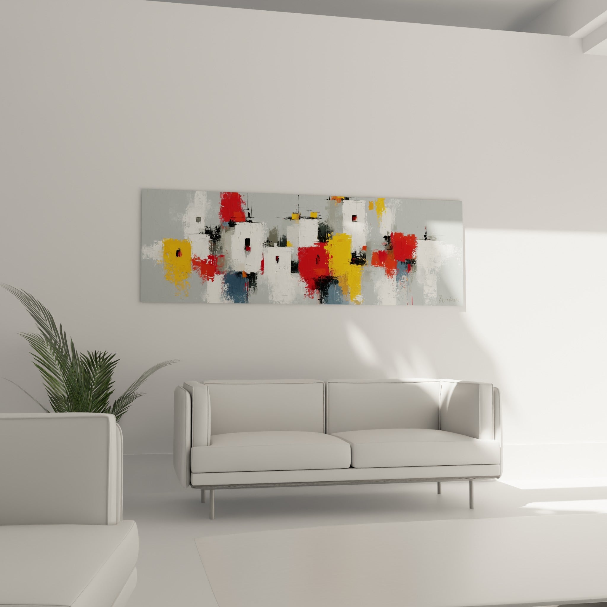 Façades fragmentées rouge brique et jaune doré de ce tableau accrochées au-dessus d'un canapé dans un salon lumineux