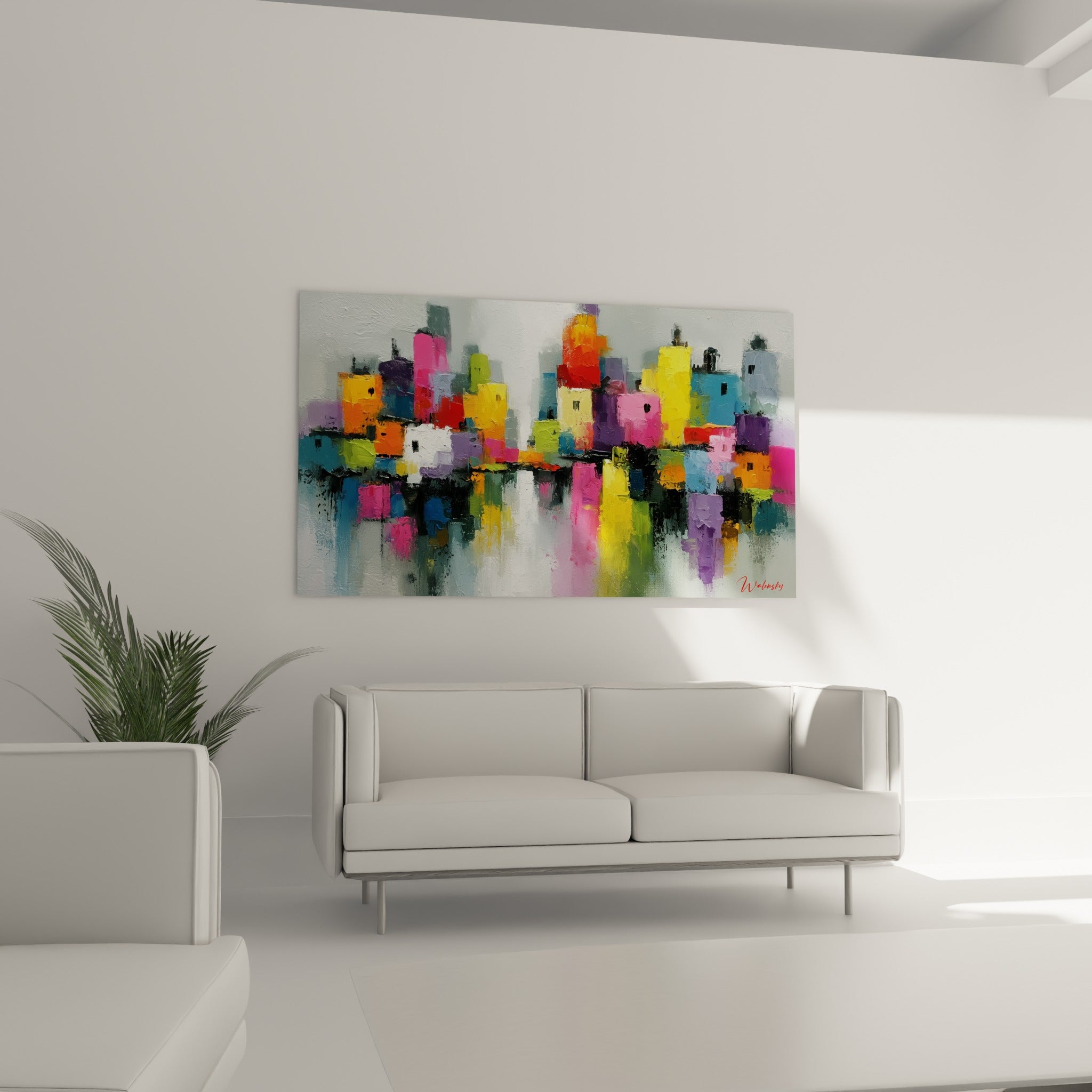 Immeubles abstraits jaunes et violets aux empâtements texturés, tableau Architecture abstrait au-dessus d'un canapé dans un salon lumineux