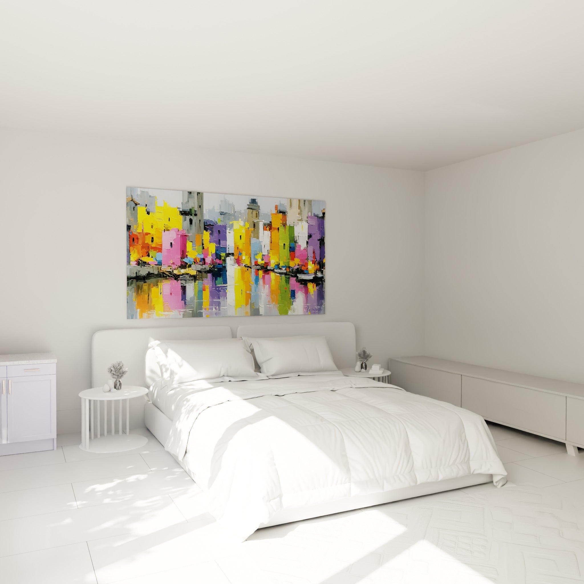 Bâtiments violets et jaunes du port abstrait accrochés au-dessus d'un lit dans une chambre claire
