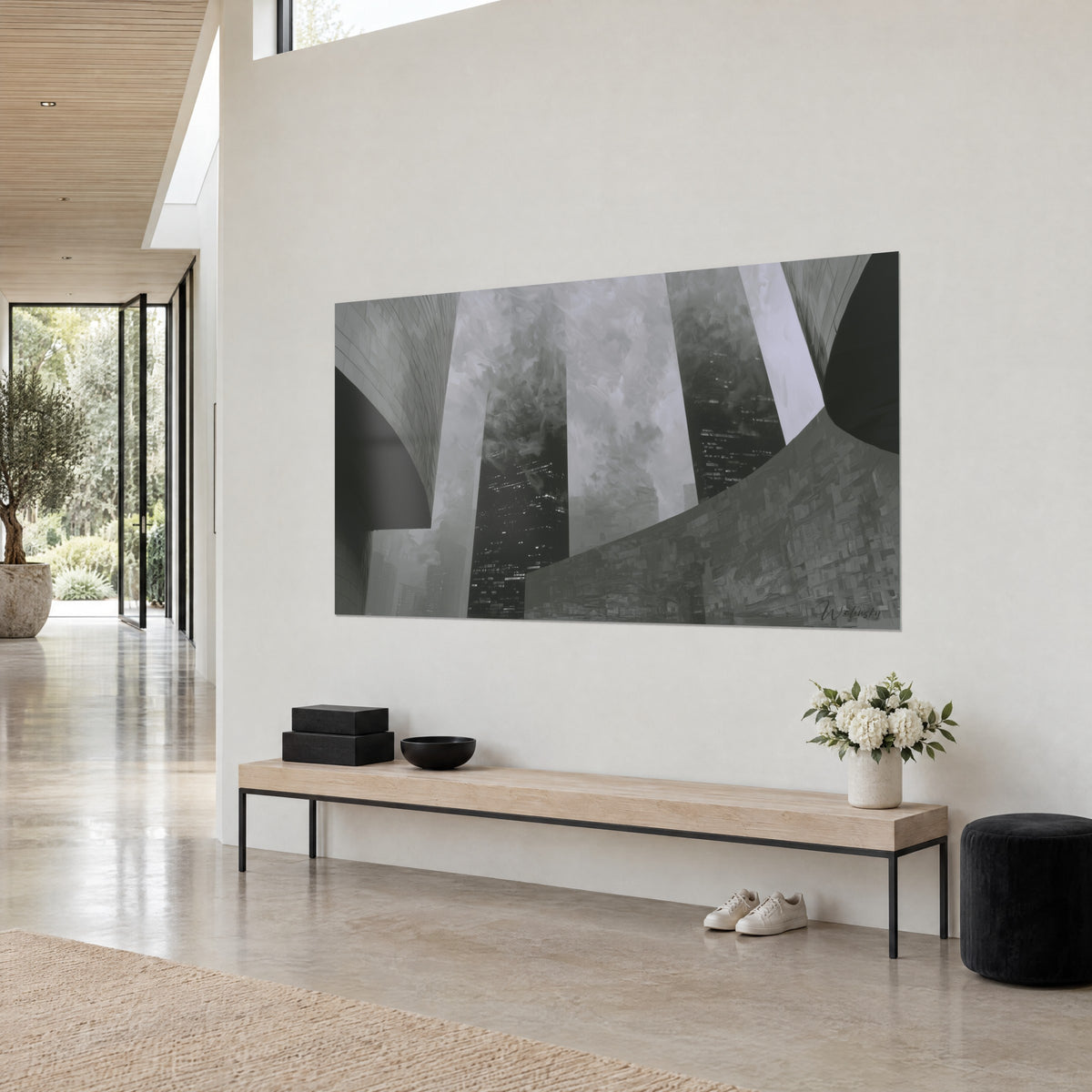 Gemälde Glastürme im Dunst, geschwungene Stahlformen in Anthrazit und weißer, bewölkter Himmel, in einem Architektenhaus aufgehängt
