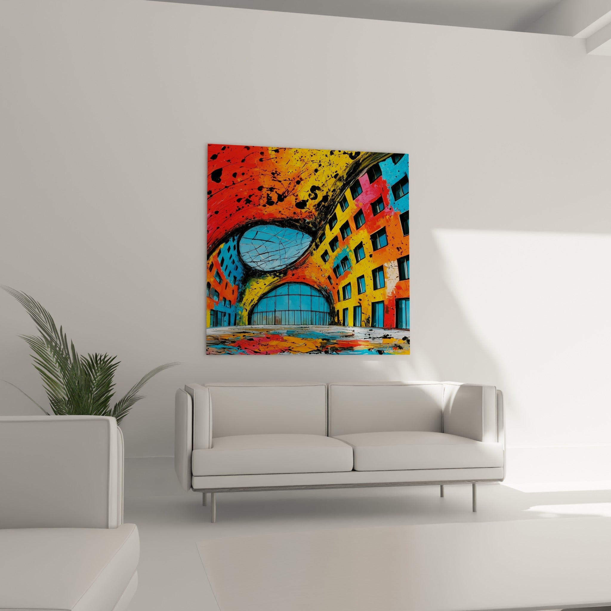 Bâtiment coloré aux fenêtres bleu ciel, tableau architecture abstrait au-dessus d'un canapé dans un salon lumineux