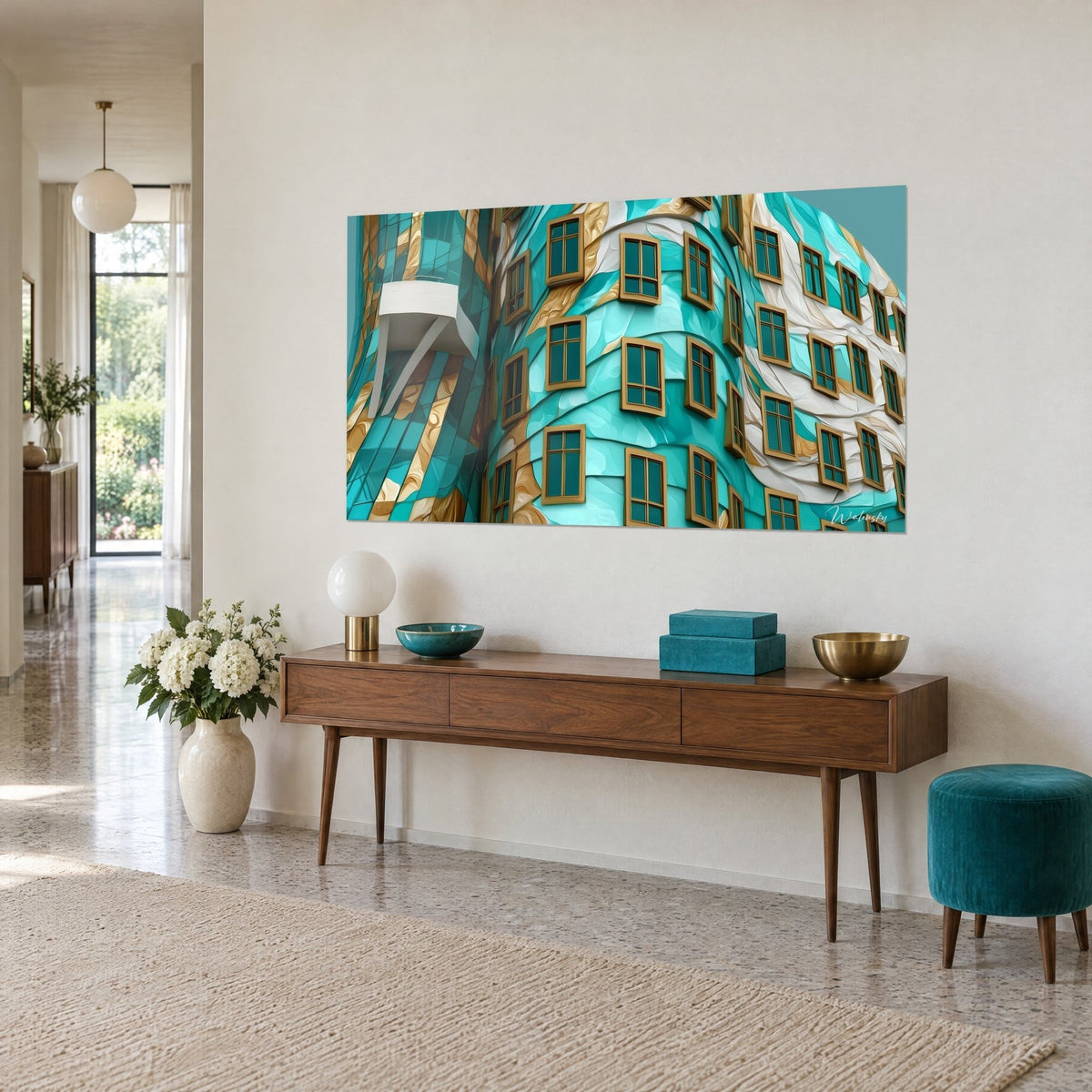 Tableau immeuble sinueux aux reflets menthe et or, balcon blanc suspendu, vu de trois-quarts sur un buffet en bois, dans un couloir clair