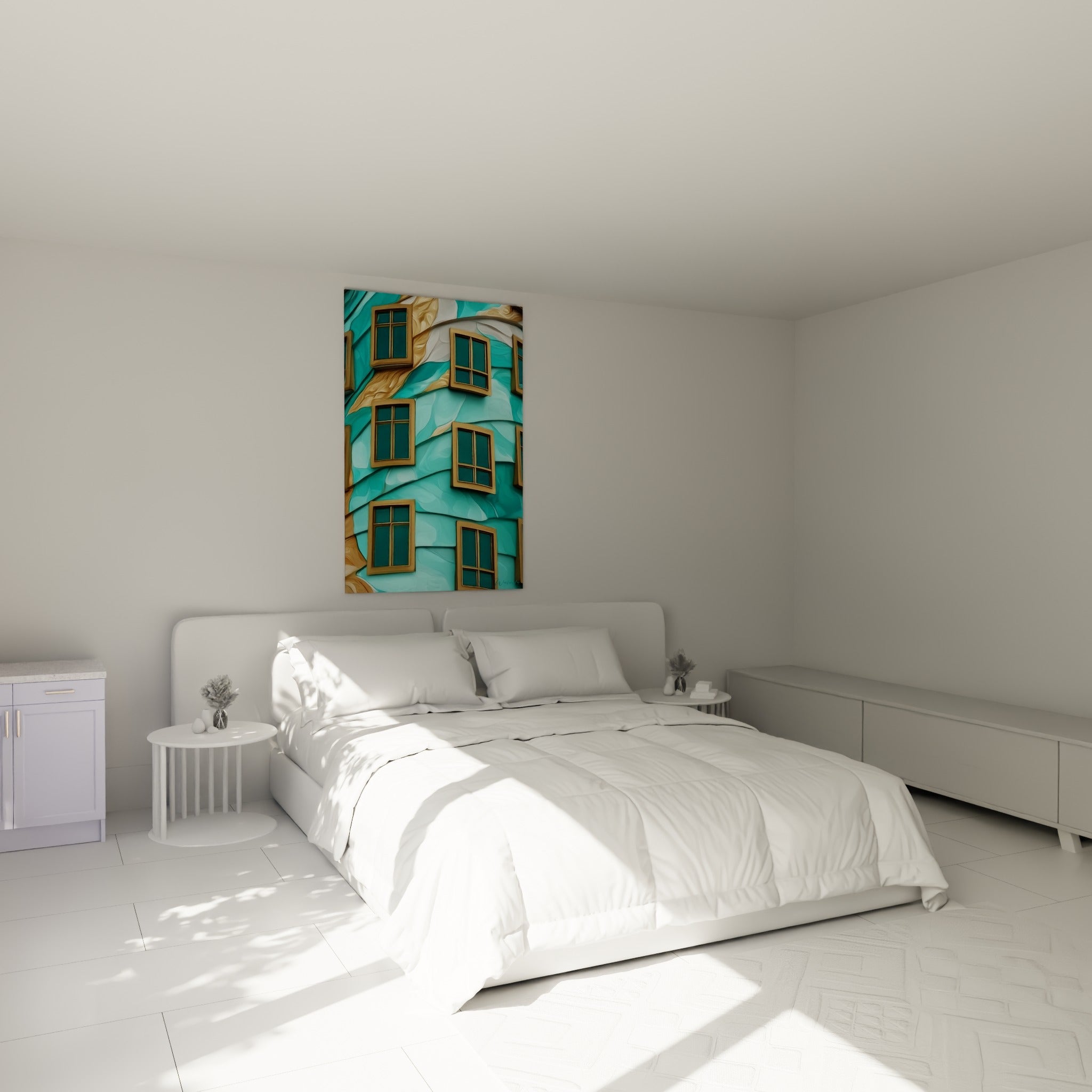 Fenêtres dorées sur vagues turquoise et blanches, au-dessus d'un lit dans une chambre claire