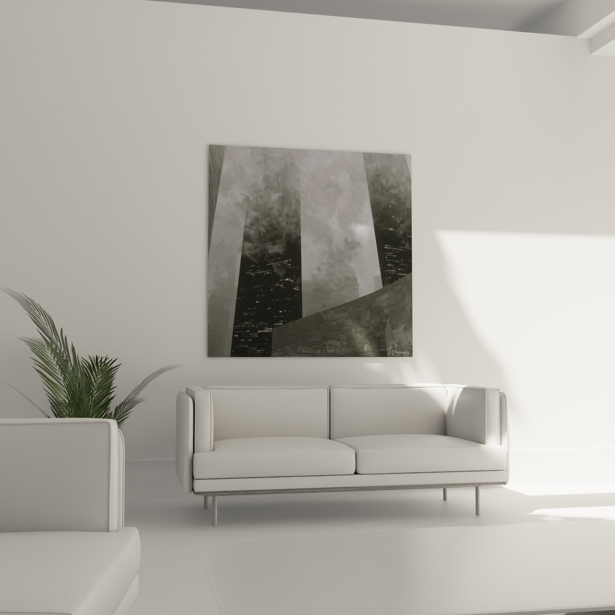 Architecture nocturne aux tons noirs et gris fumé, au-dessus d'un canapé dans un salon lumineux