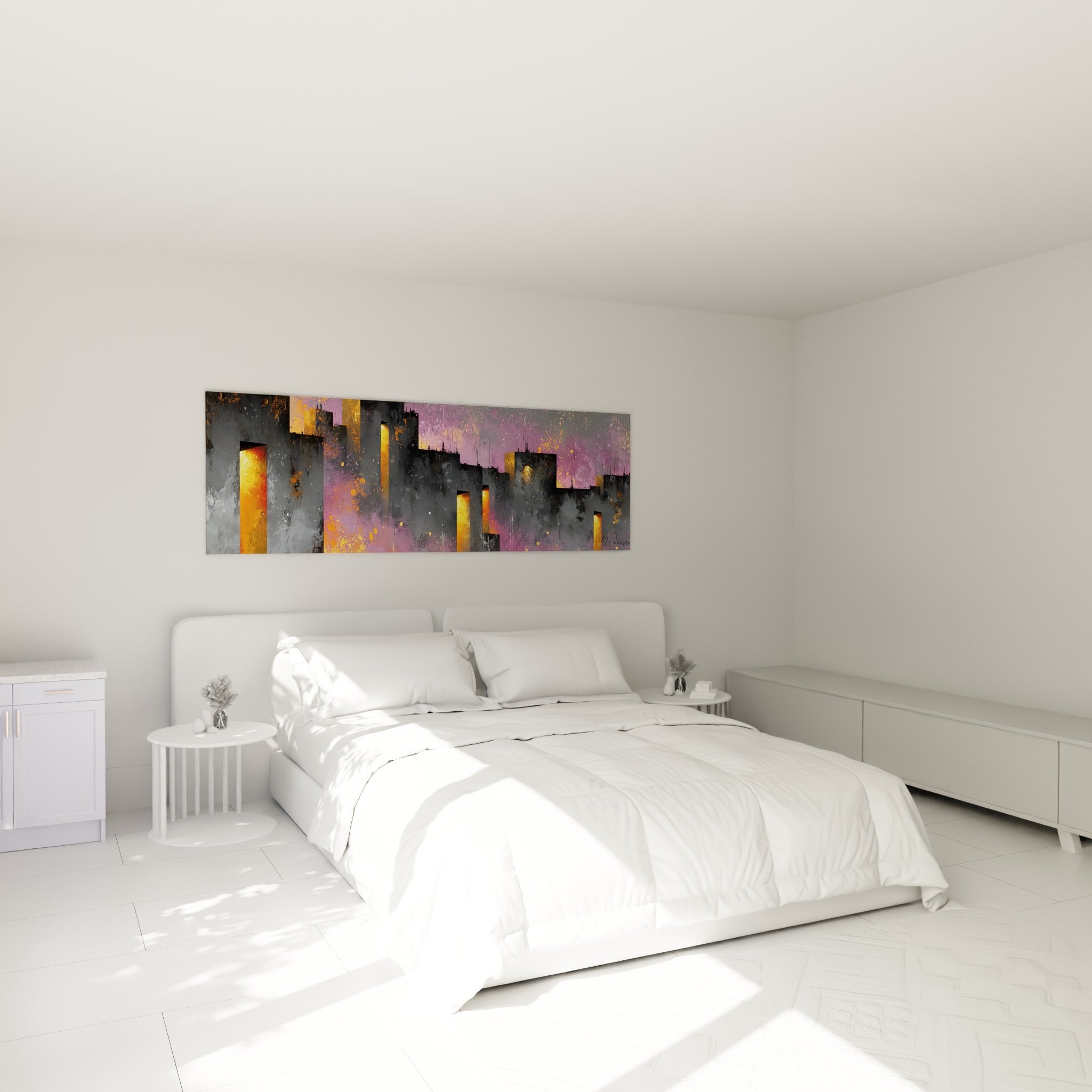 Immeubles anthracite aux lumières orangées de ce tableau architecture abstrait au-dessus d'un lit dans une chambre claire