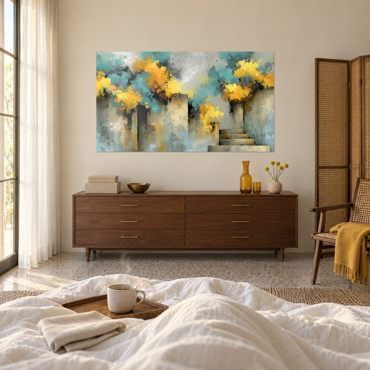 Tableau architecture onirique, fleurs jaunes éclatantes sur murs gris et bleu clair, escalier pâle, au-dessus d'un lit dans une chambre claire