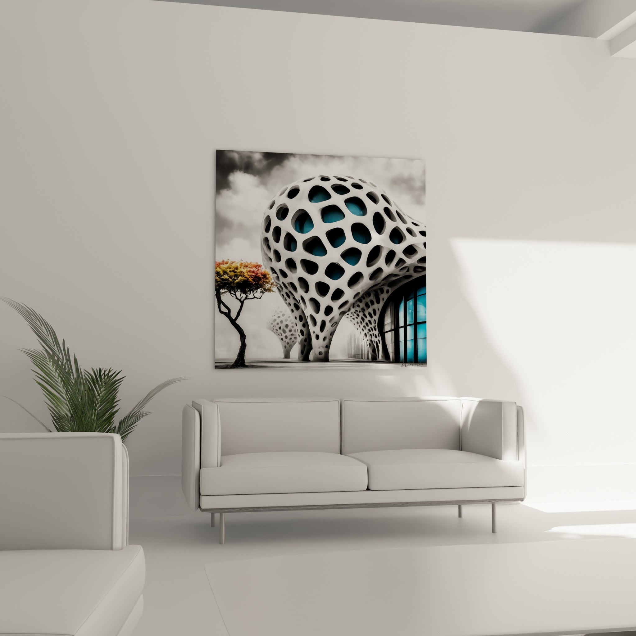 Sculpture Architecture abstrait aux alvéoles noires et turquoise, au-dessus d'un canapé dans un salon lumineux