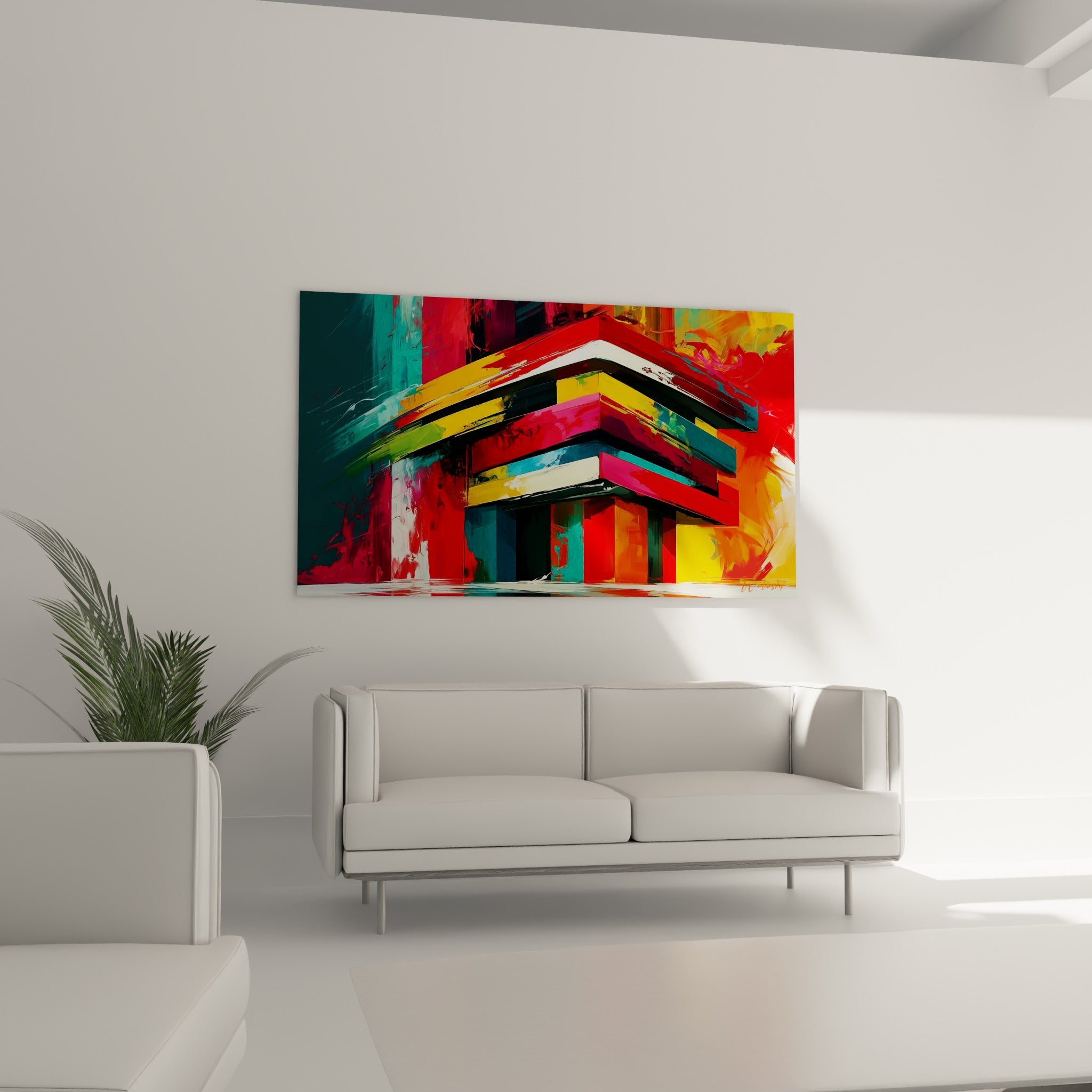 Structure turquoise et fuchsia aux formes géométriques au-dessus d'un canapé dans un salon lumineux