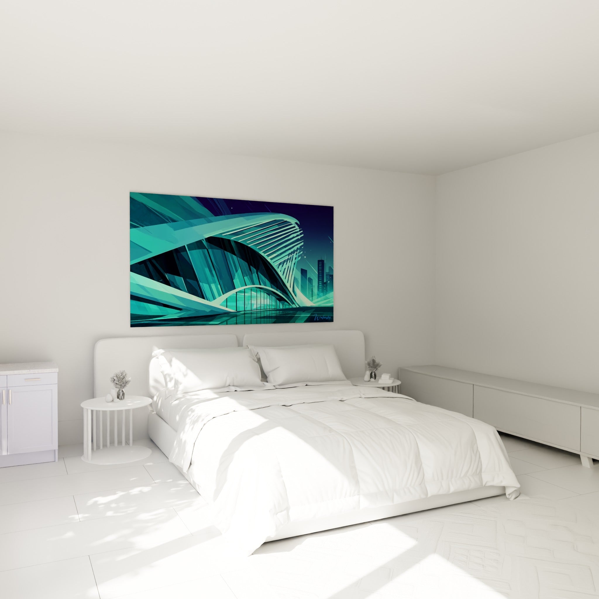 Courbes turquoise et bleu nuit d'une architecture futuriste au-dessus d'un lit dans une chambre claire