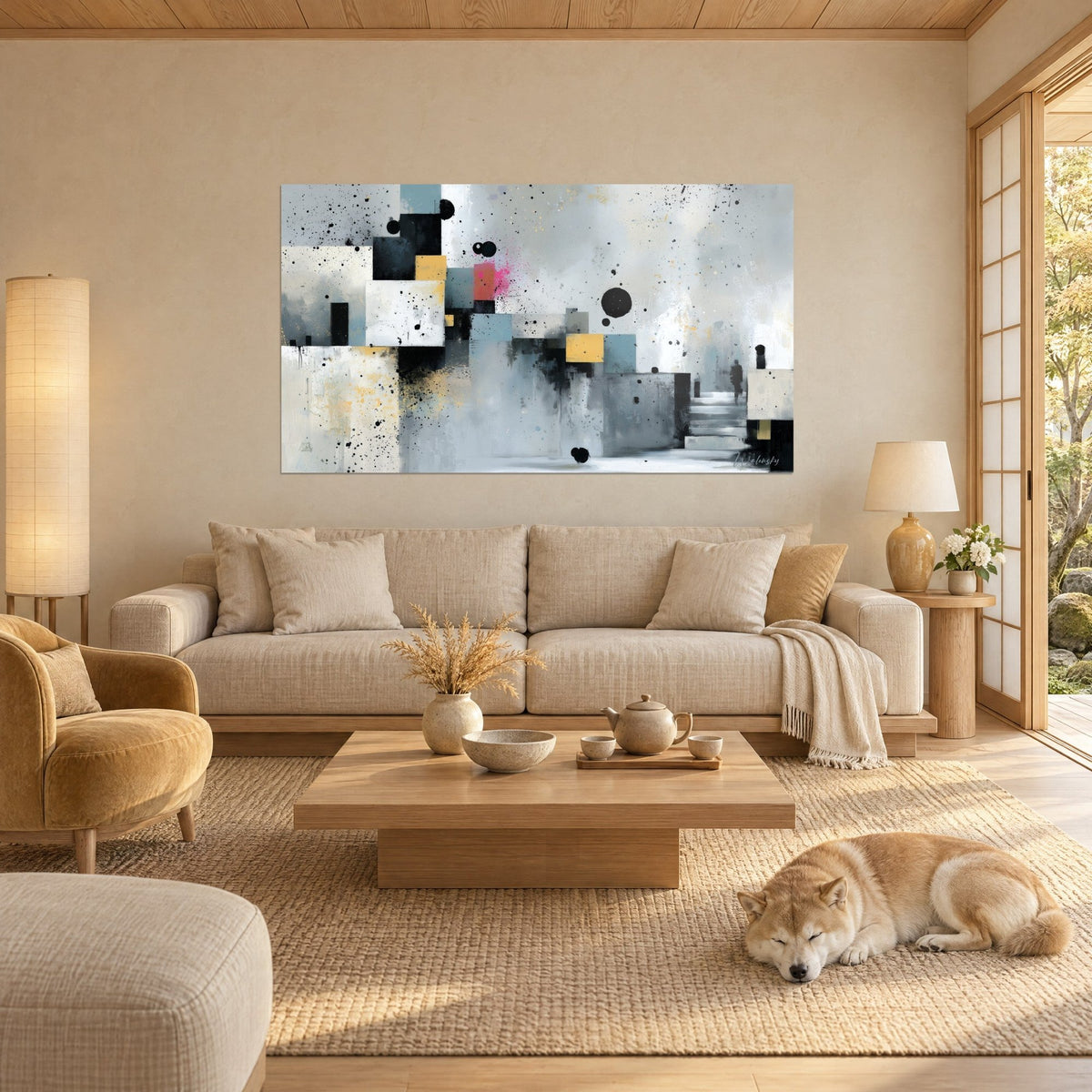 Schilderij Gefragmenteerde compositie in grijze, mosterdgele en felroze blokken, zwarte spatten, slapende Shiba boven een bank in een lichte woonkamer