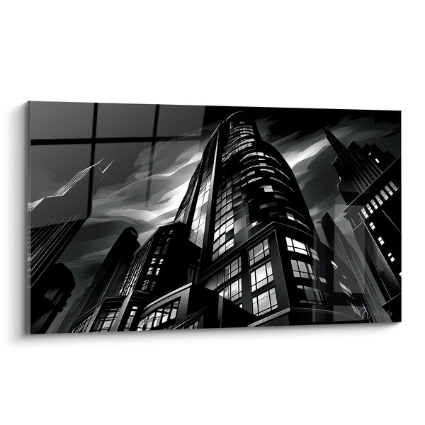 Cuadro Rascacielos Blanco y Negro con Nubes Tormentosas - Torre Cilíndrica Iluminada - Edición Arquitectura Abstracta