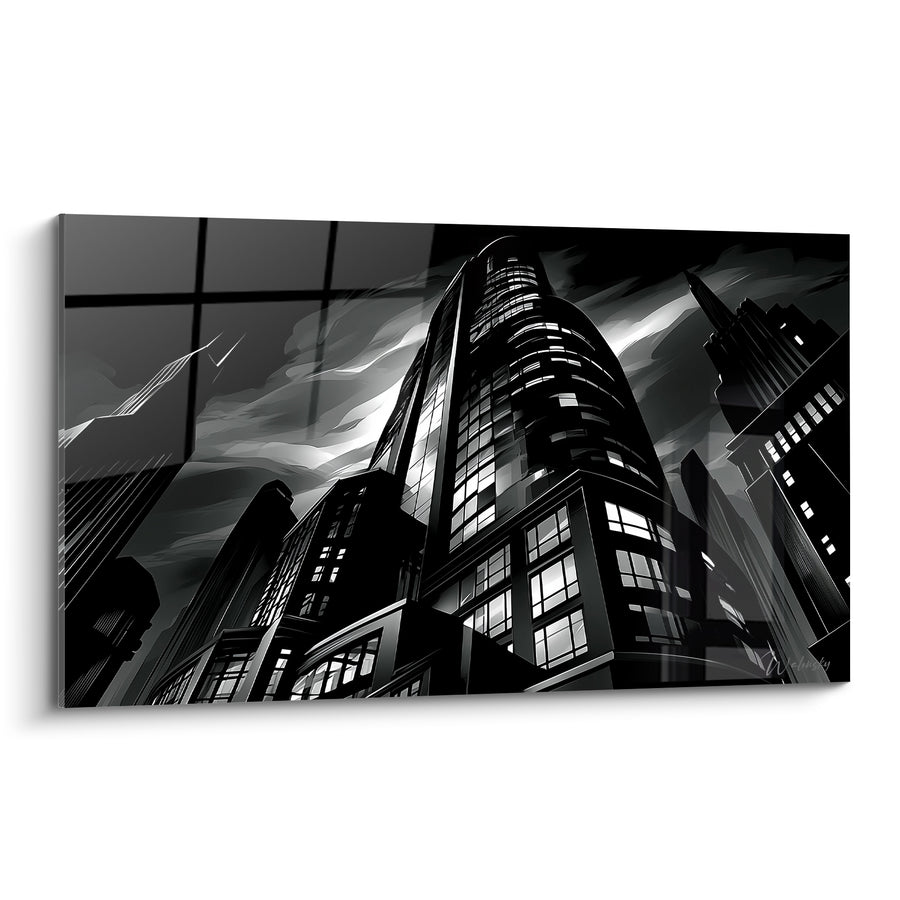 Tableau Gratte-ciel noir et blanc aux nuages orageux - Tour cylindrique illuminée - Edition Architecture abstrait