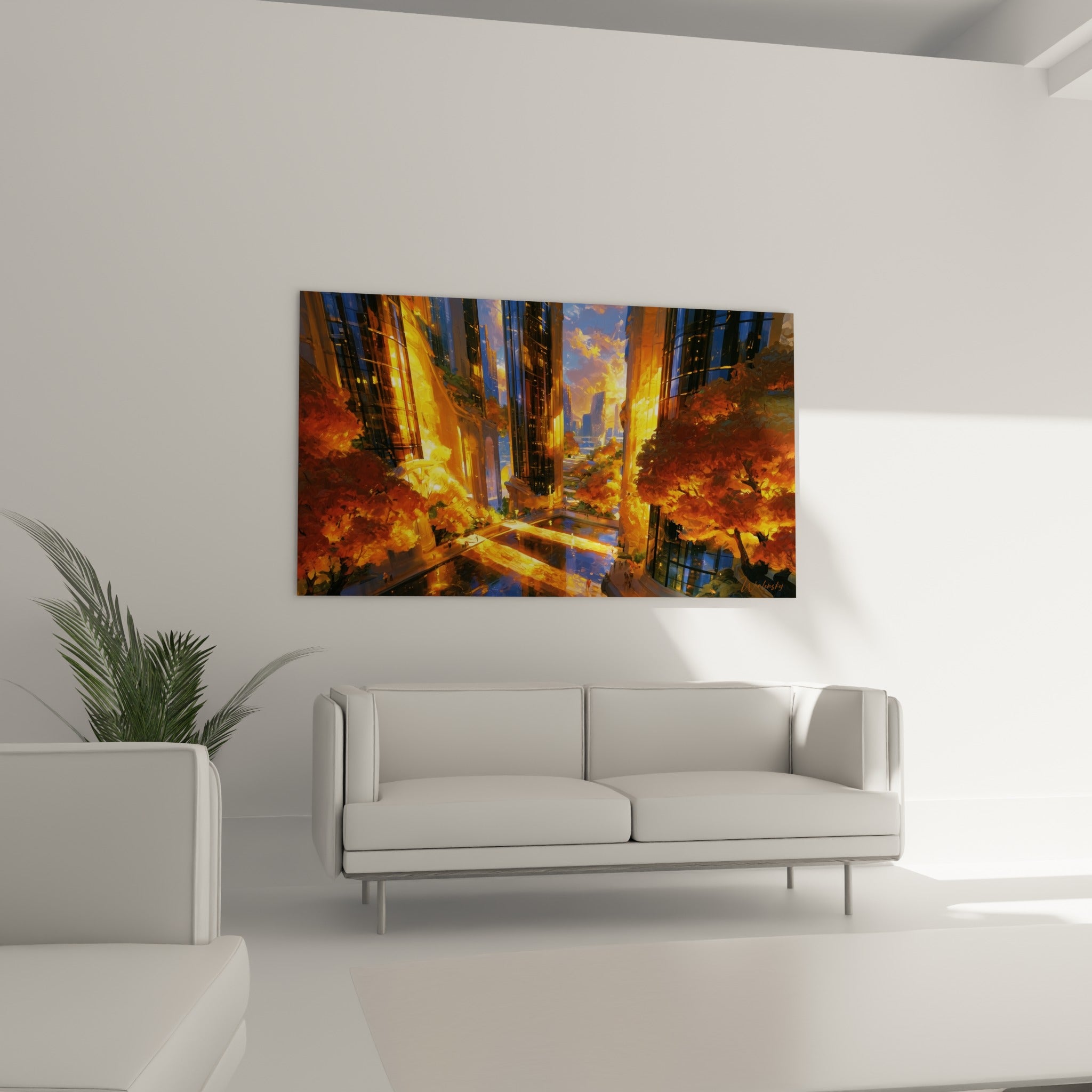 Bassin réfléchissant doré entre gratte-ciel anthracite, au-dessus d'un canapé dans un salon lumineux