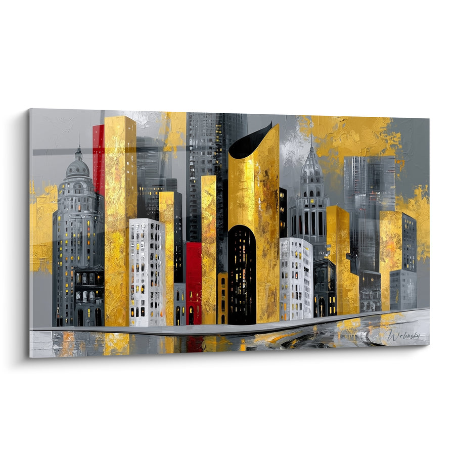 Tableau Gratte-ciel dorés aux reflets anthracite - Pouls urbain nocturne - Edition Architecture abstrait