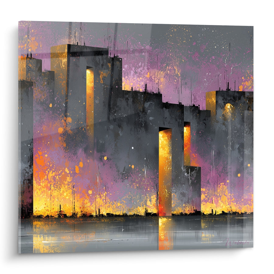 Gemälde Skyline grau und orange mit goldenen Spritzern - Stadt im Aufbruch - Architektur Edition abstrakt