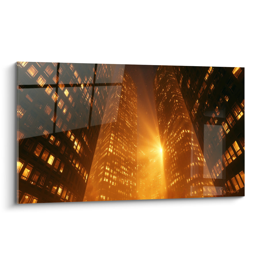 Goldenes und Anthrazit Wolkenkratzer Gemälde - Leuchten zwischen den Türmen - Architektur Edition Abstrakt